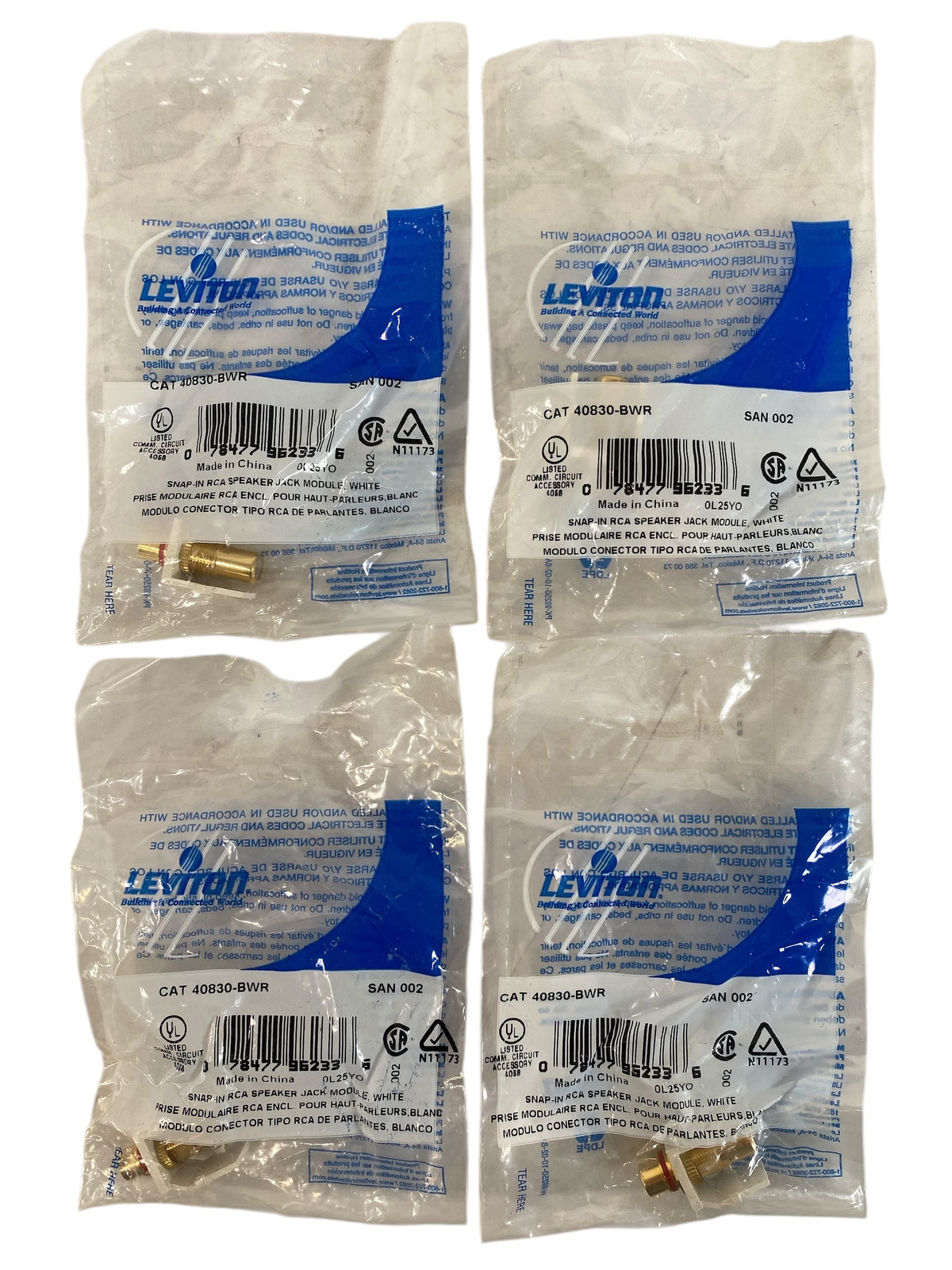 Leviton 40830-BWR Snap-In Quickport Gold RCA Speaker Jack - White **Lot of 4**