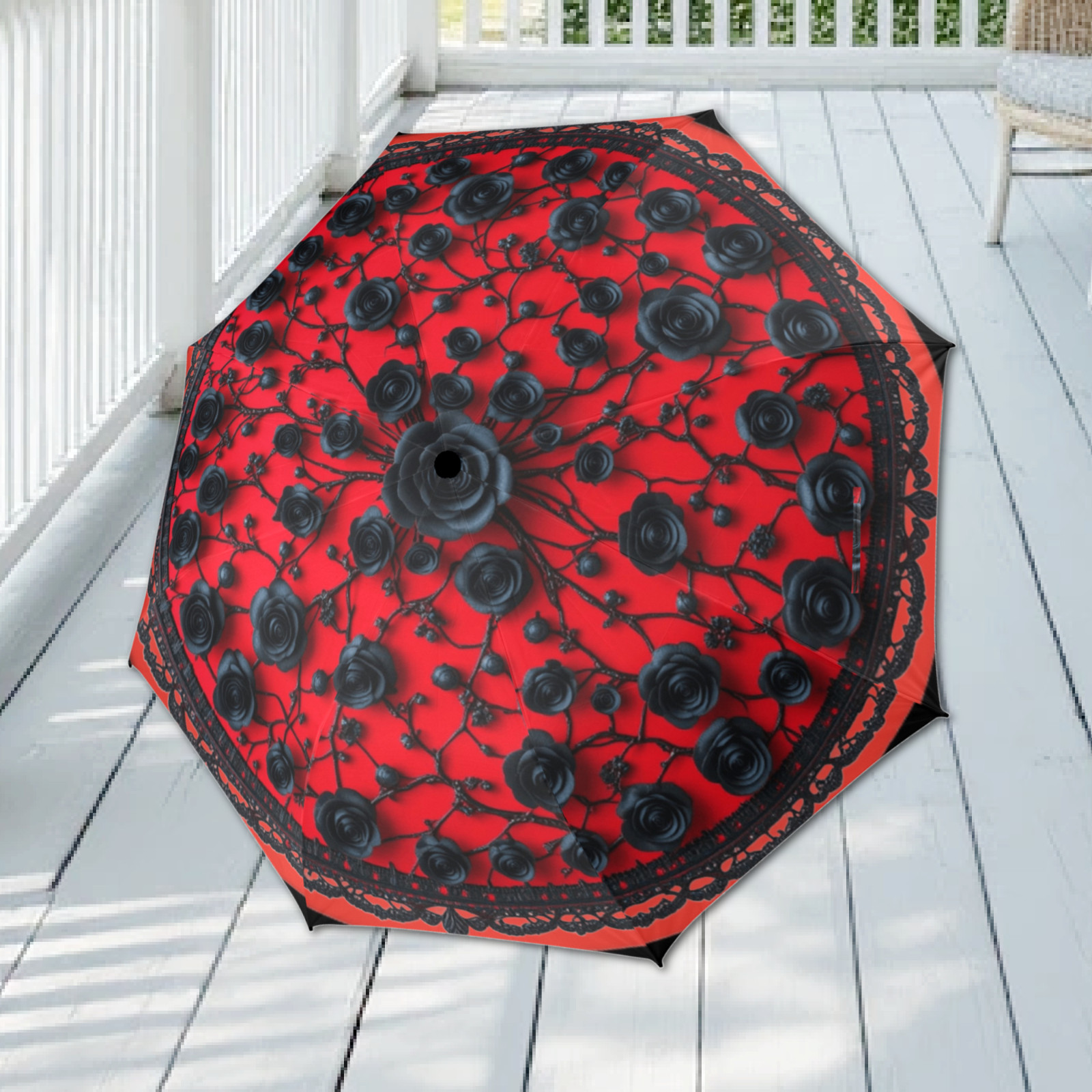 Red Black Gothic Umbrella Waterproof Folding Compact Flower Printed Umbrella