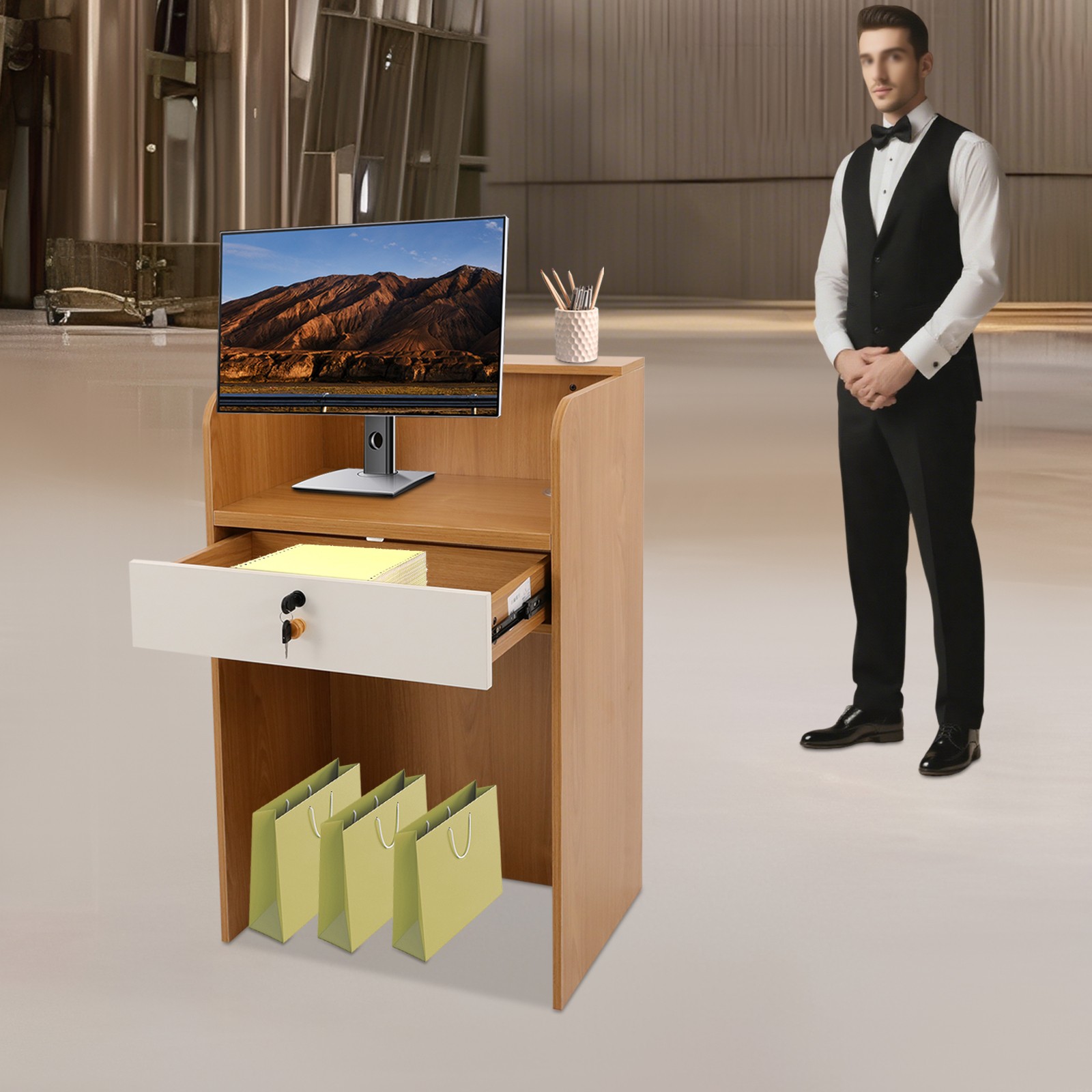 Modern Reception Desk Counter w Lock Drawer LED Light Oak 60x40x96cm