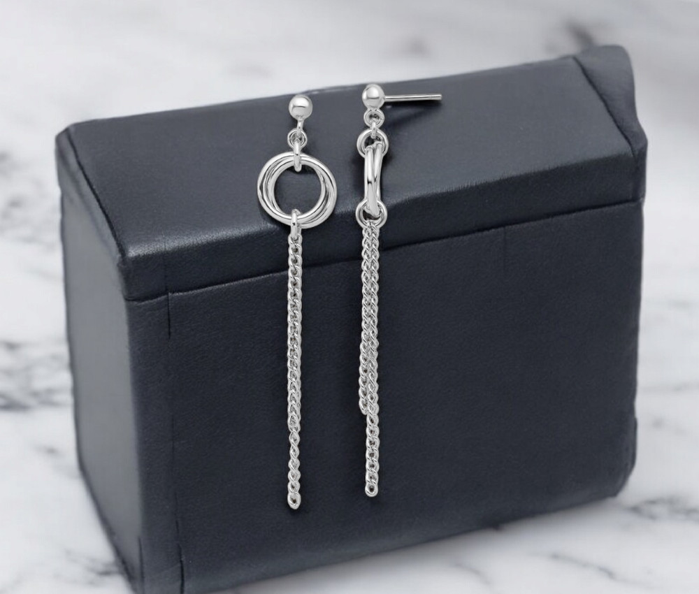 925 Sterling Silver Rhodium Plated Polished Circle Drop Chain Post Earrings -