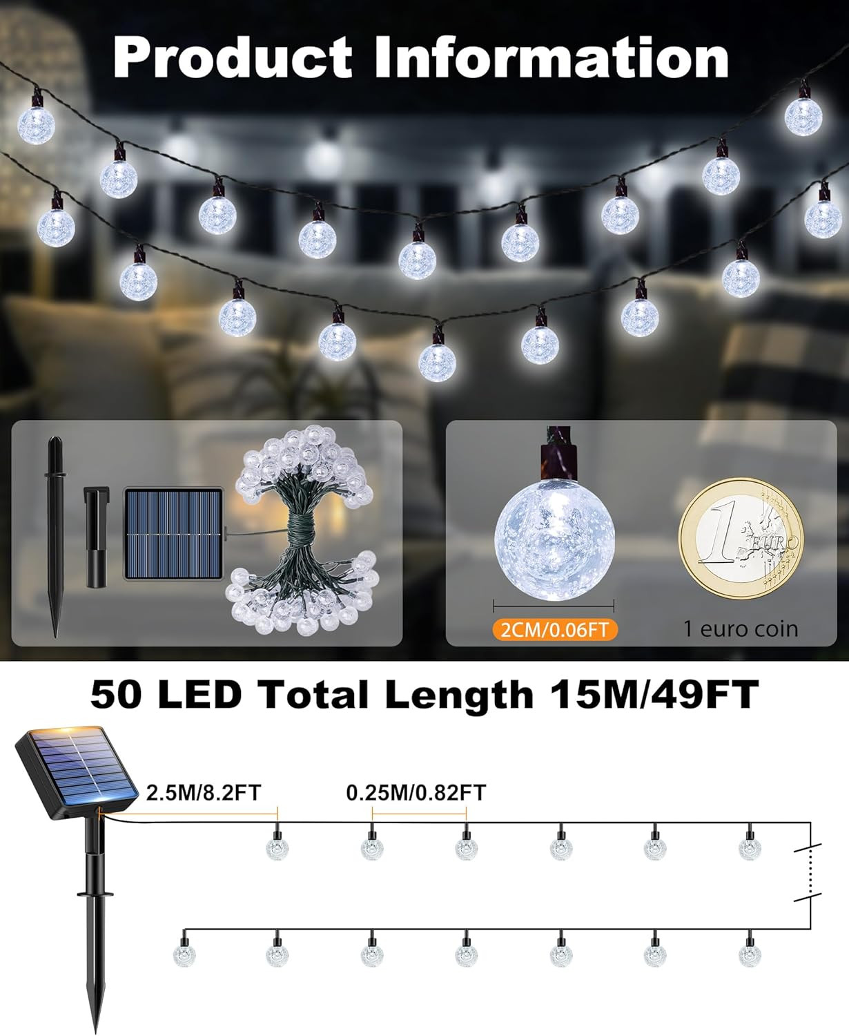 2 Pack Solar String Lights Outdoor Waterproof, Total 98 FT 100 LED Solar Powered
