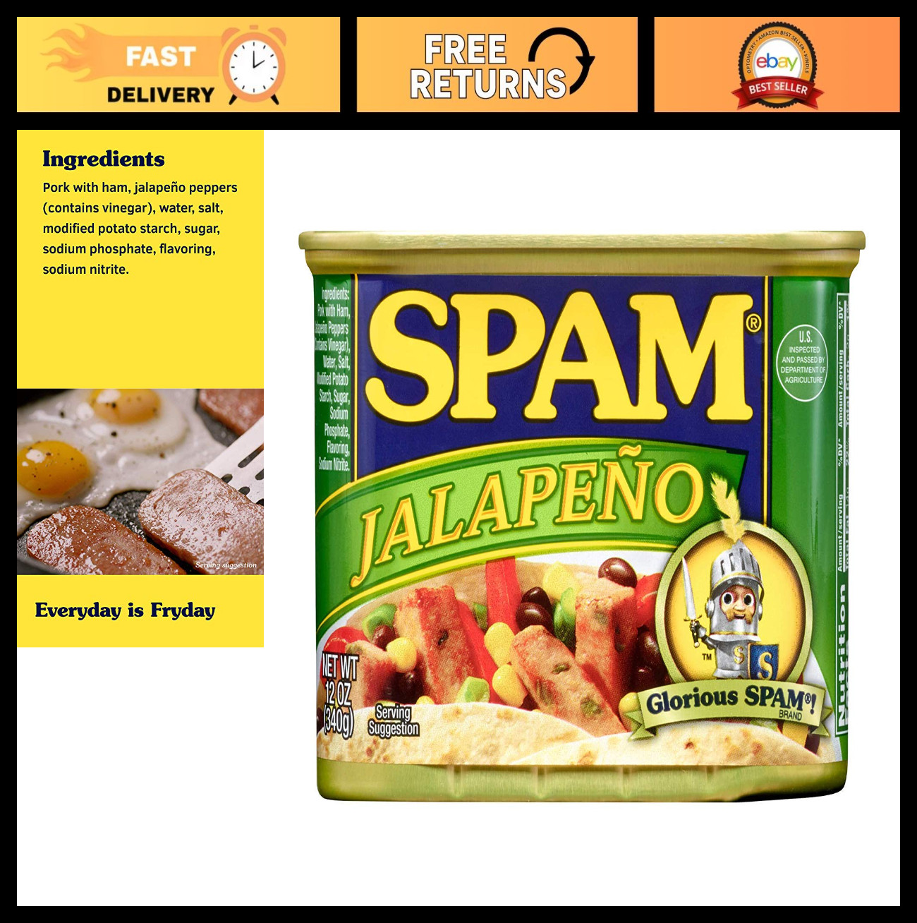 Spicy Jalapeño Spam, 12 oz Can - Pack of 12, Canned Meat for Quick Meals