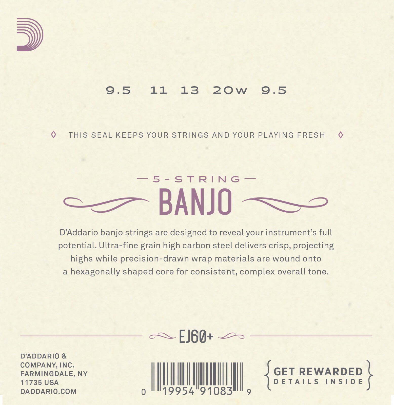 D'Addario EJ60+ 5 String Banjo Strings Nickel Light 9.5-20 plus