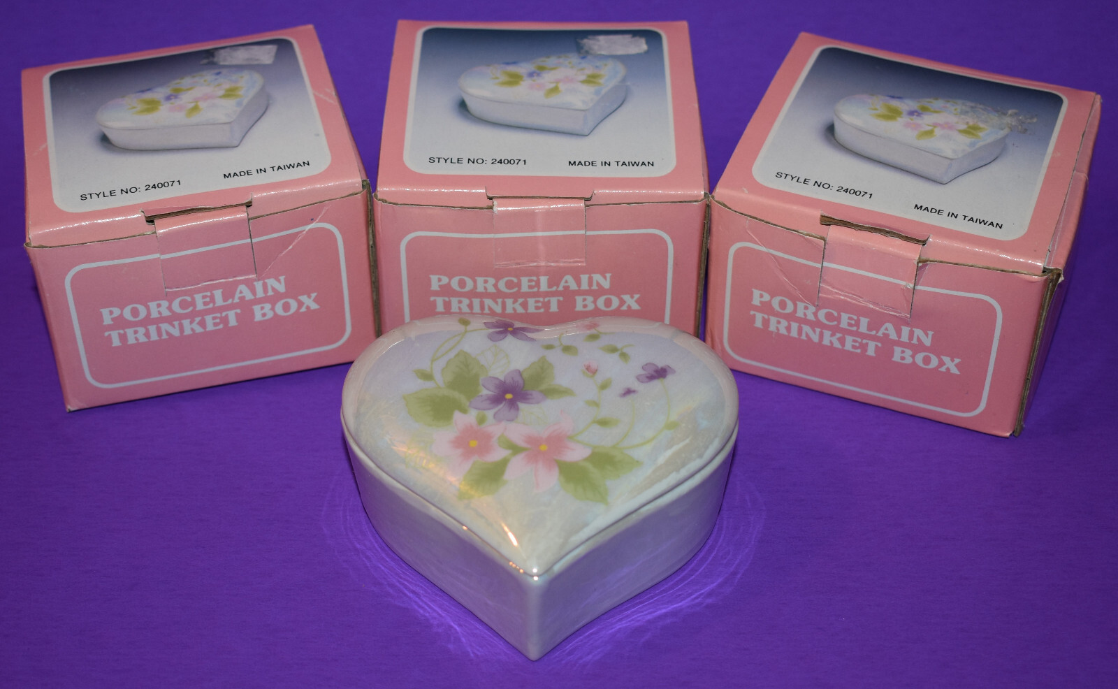 Pearlescent Porcelain Heart Shaped Trinket Box: Pink & Purple Flowers New In Box