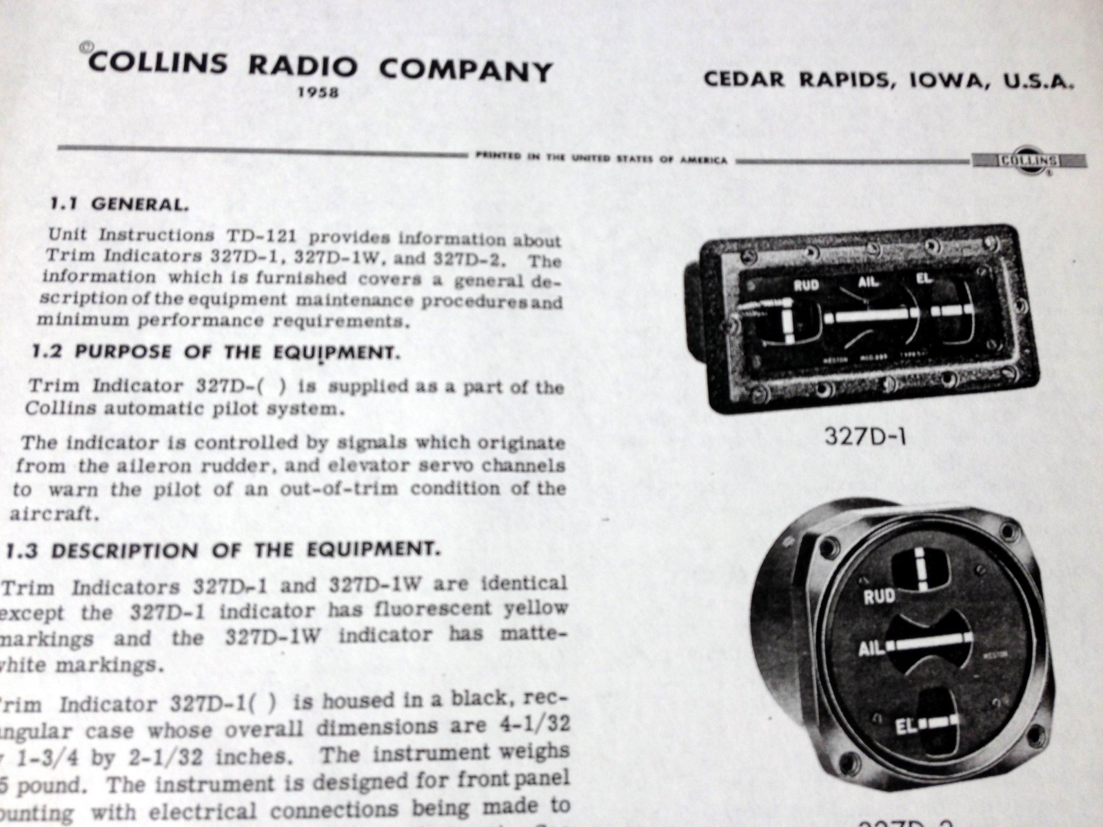Collins 327D-1, 327D-1W &  327D-2 Trim Indicator Tech Data Sheet