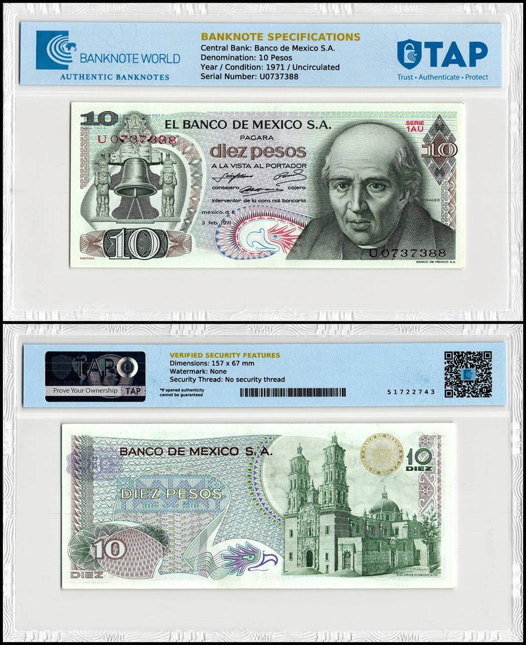 Mexico 10 Pesos, 1971, P-63d, UNC, Authenticated