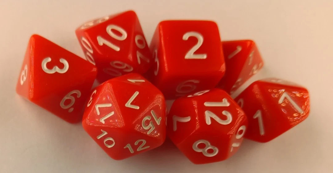 DND Dice Set, Red with White numbers, 7pcs D4-D6-D8-D12-D20-D%               #62