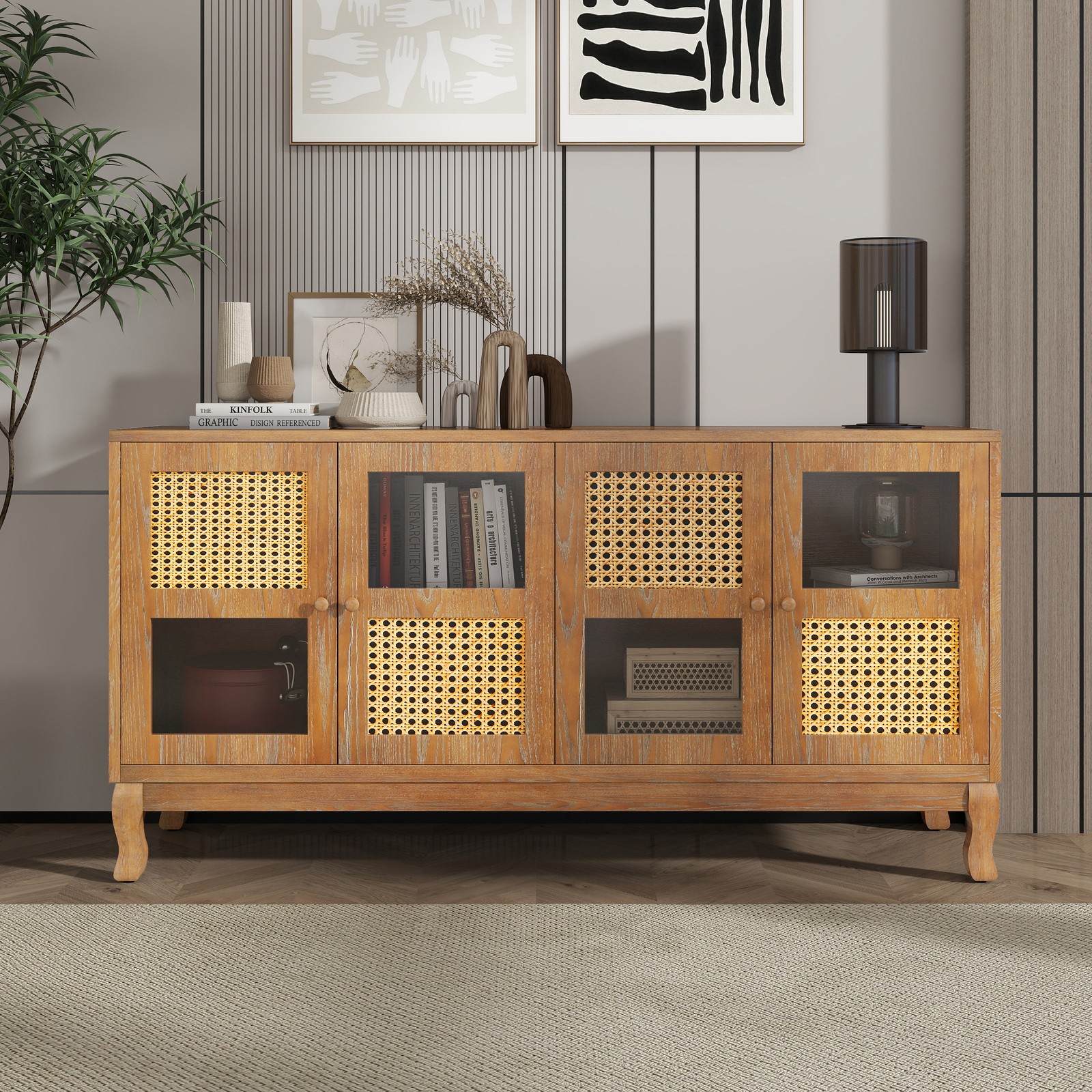 Retro 4-Door Sideboard with Large Storage Space Artificial Rattan Doors and Tr