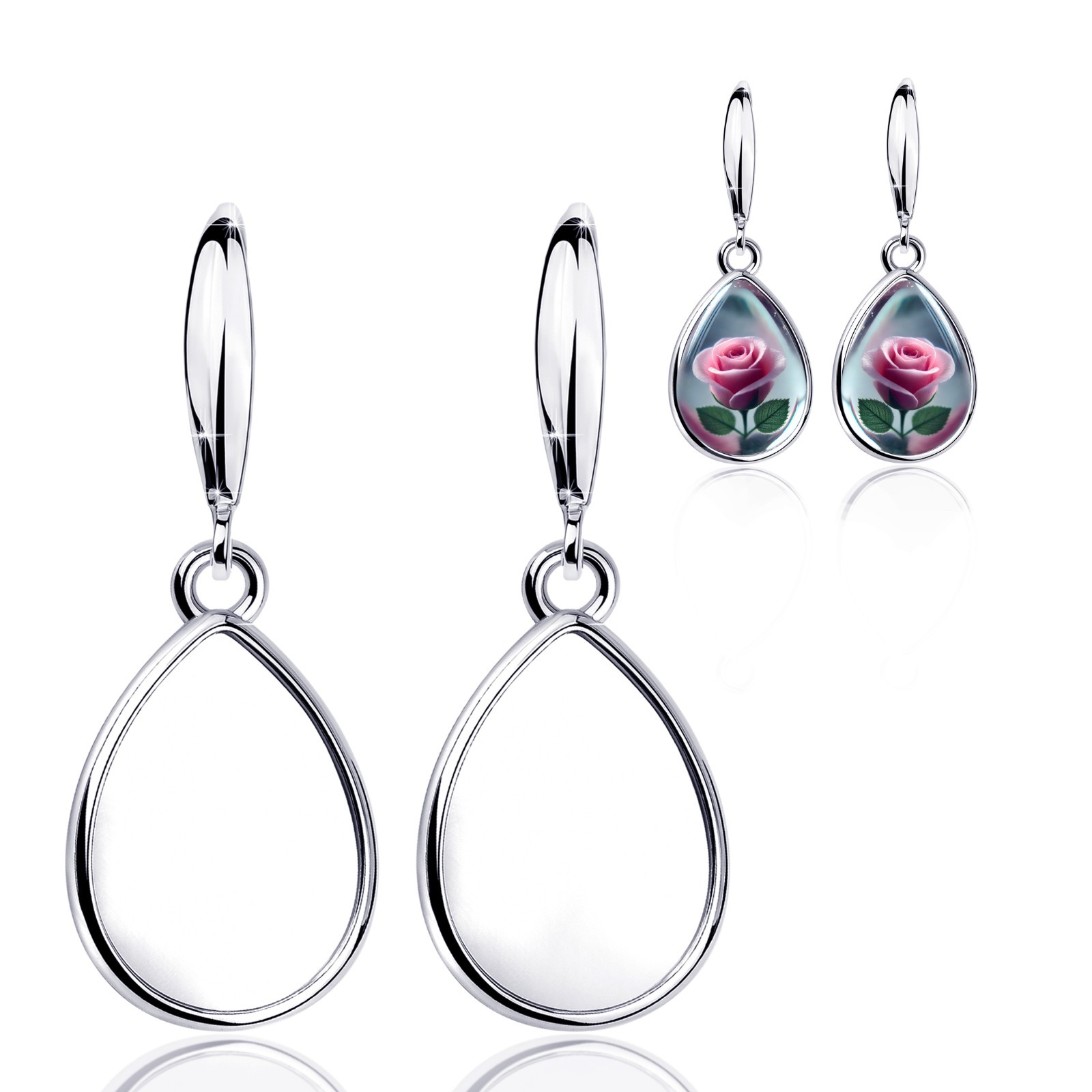 Silver Earring Blanks – 8×10 mm Pear Bezel Cup Base | Rhodium Plated