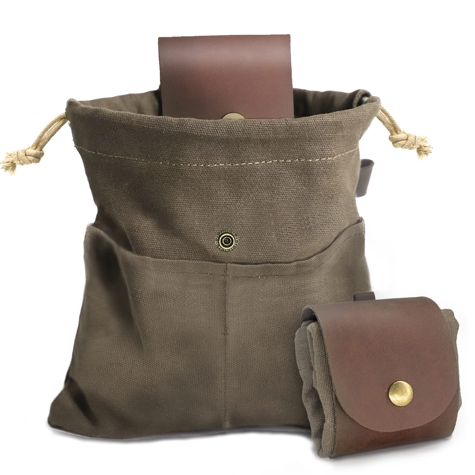 Foraging Pouch Leather Canvas Collapsible Bag Water Resistant 8.66", Green