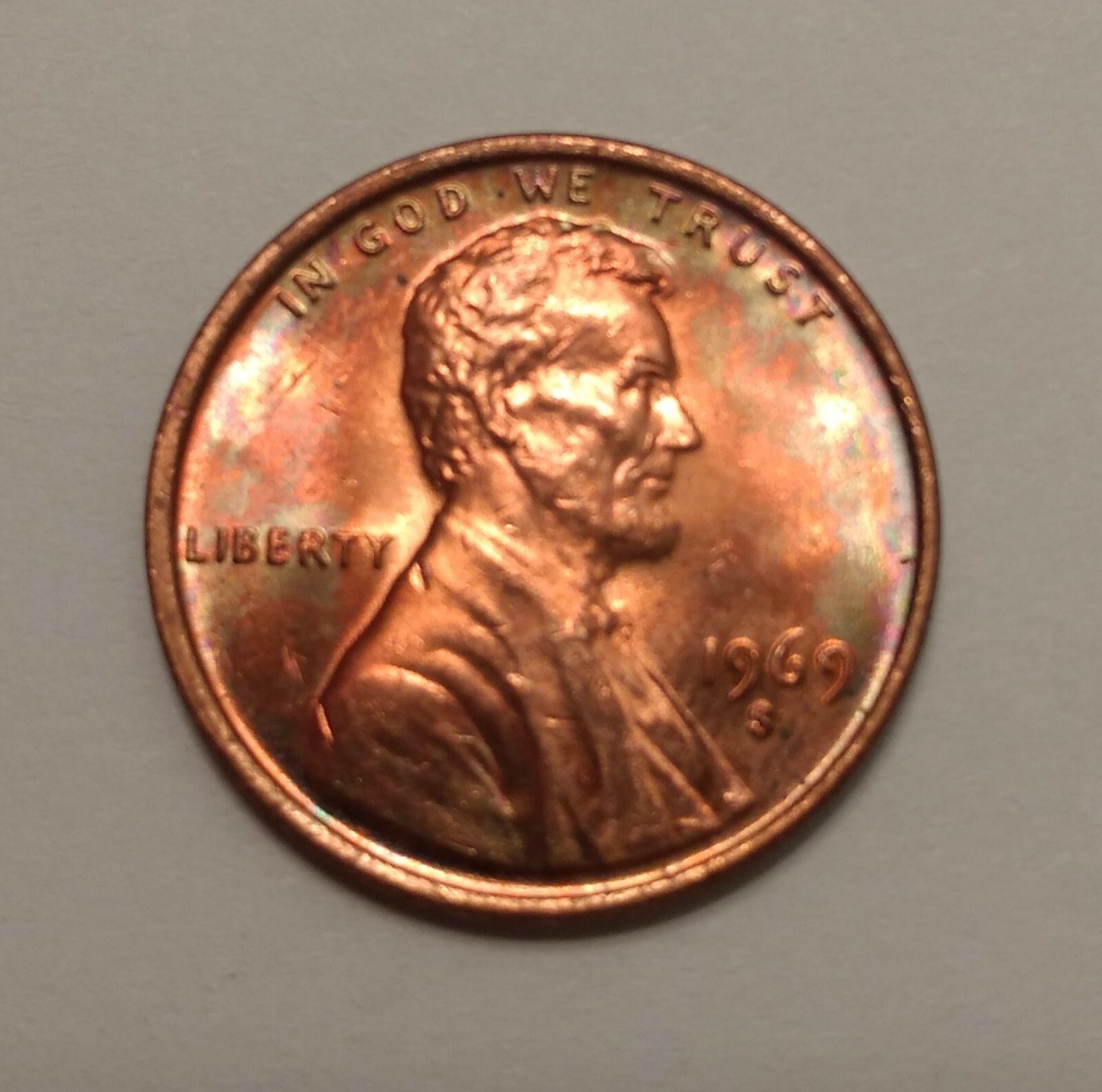 1969-S Lincoln Cent ~ Orange/Blue