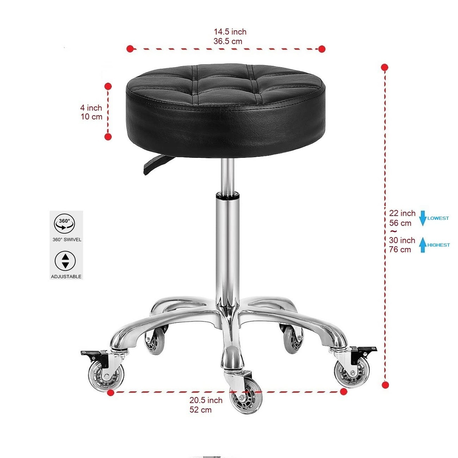 Adjustable Heavy Duty Stool - Rolling Stools with Locking Caster Wheels - Swi...