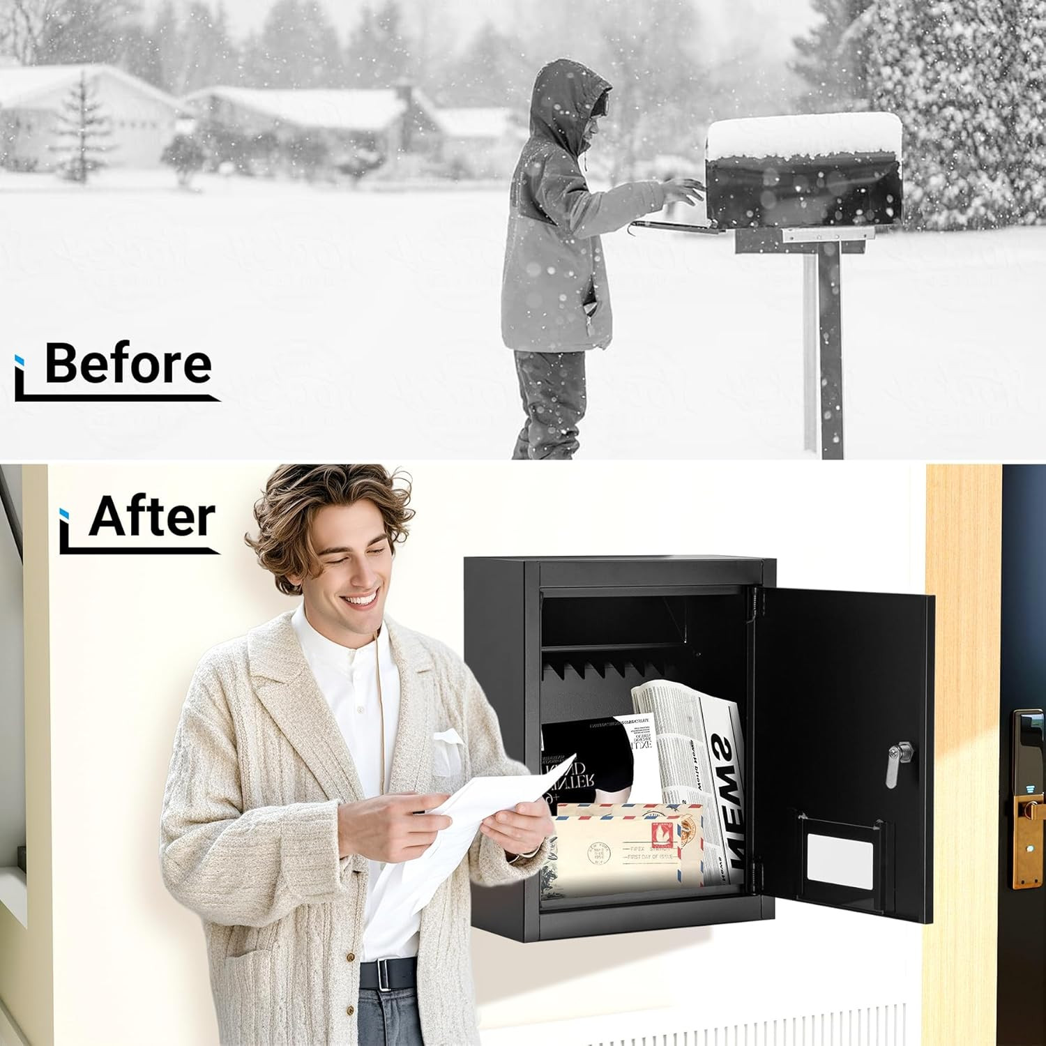 Through-the-Wall Drop Box Safe, Adjustable Chute, Rainproof Mail Slot, Black