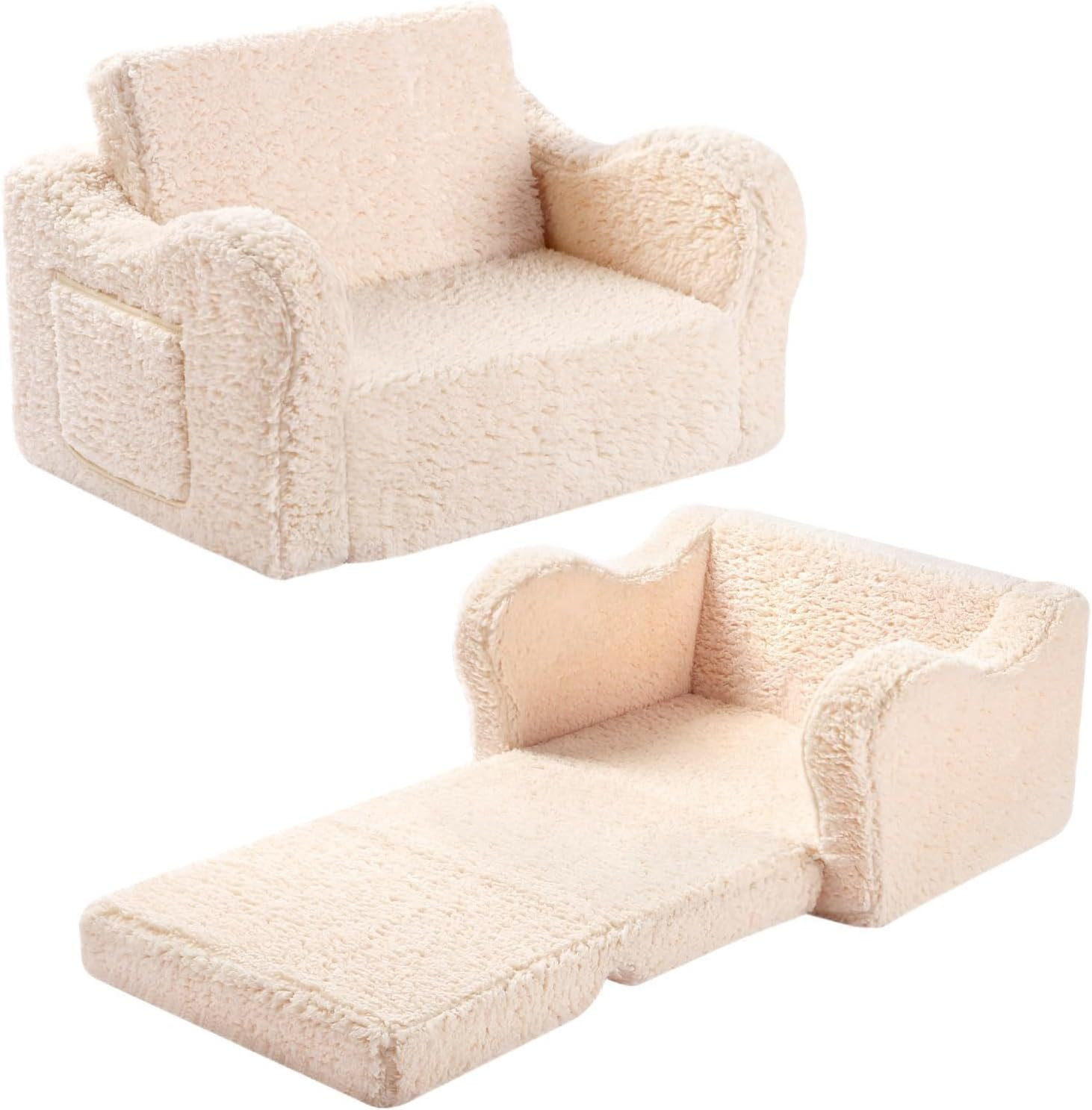 Kids Chairs for Toddler, 2-In-1 Soft Sherpa Couch Convertible Sofa to Lounger fo