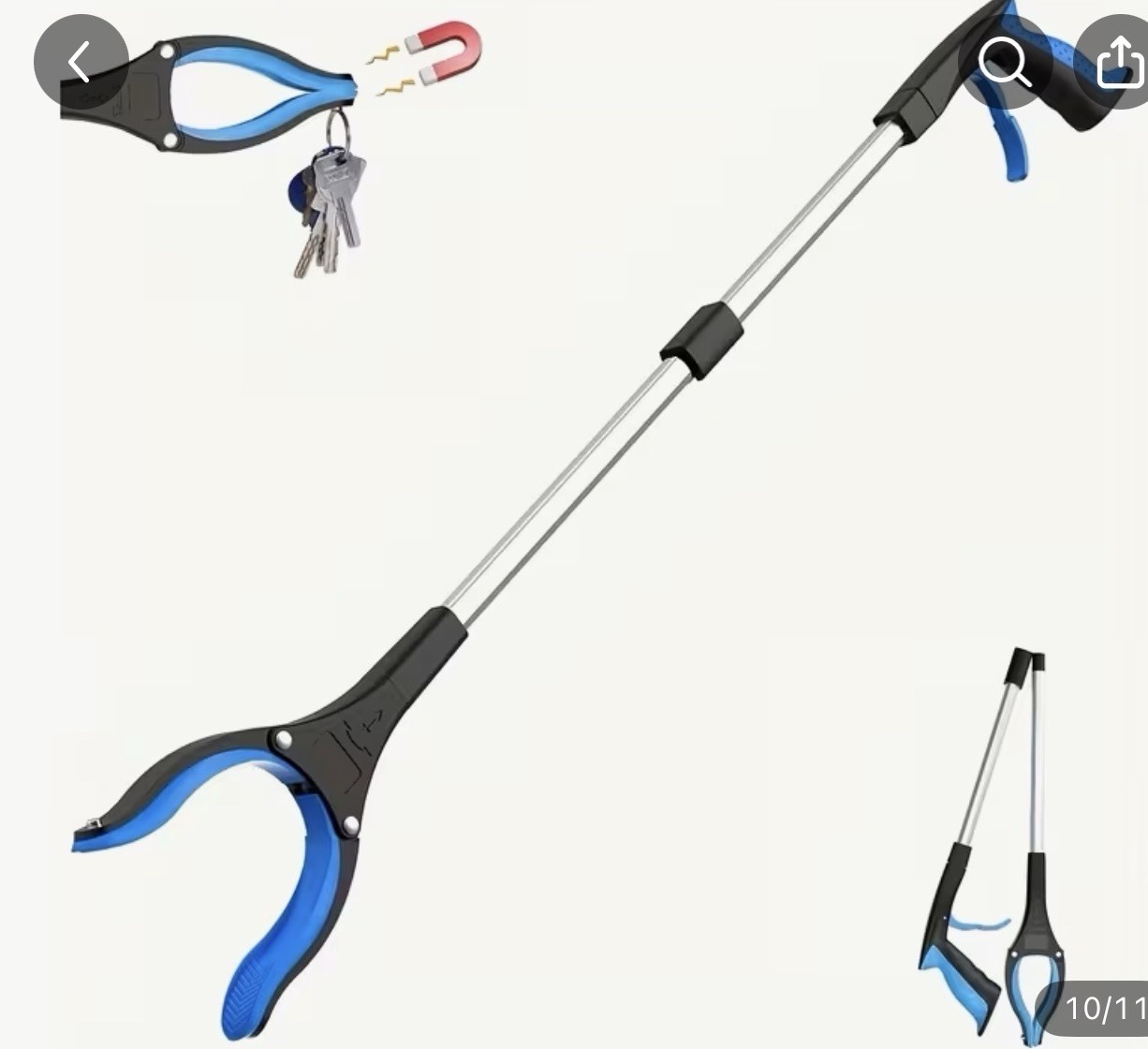 Foldable Reacher Grabber 36in Black Blue Ergonomic Handle Magnetic Tip