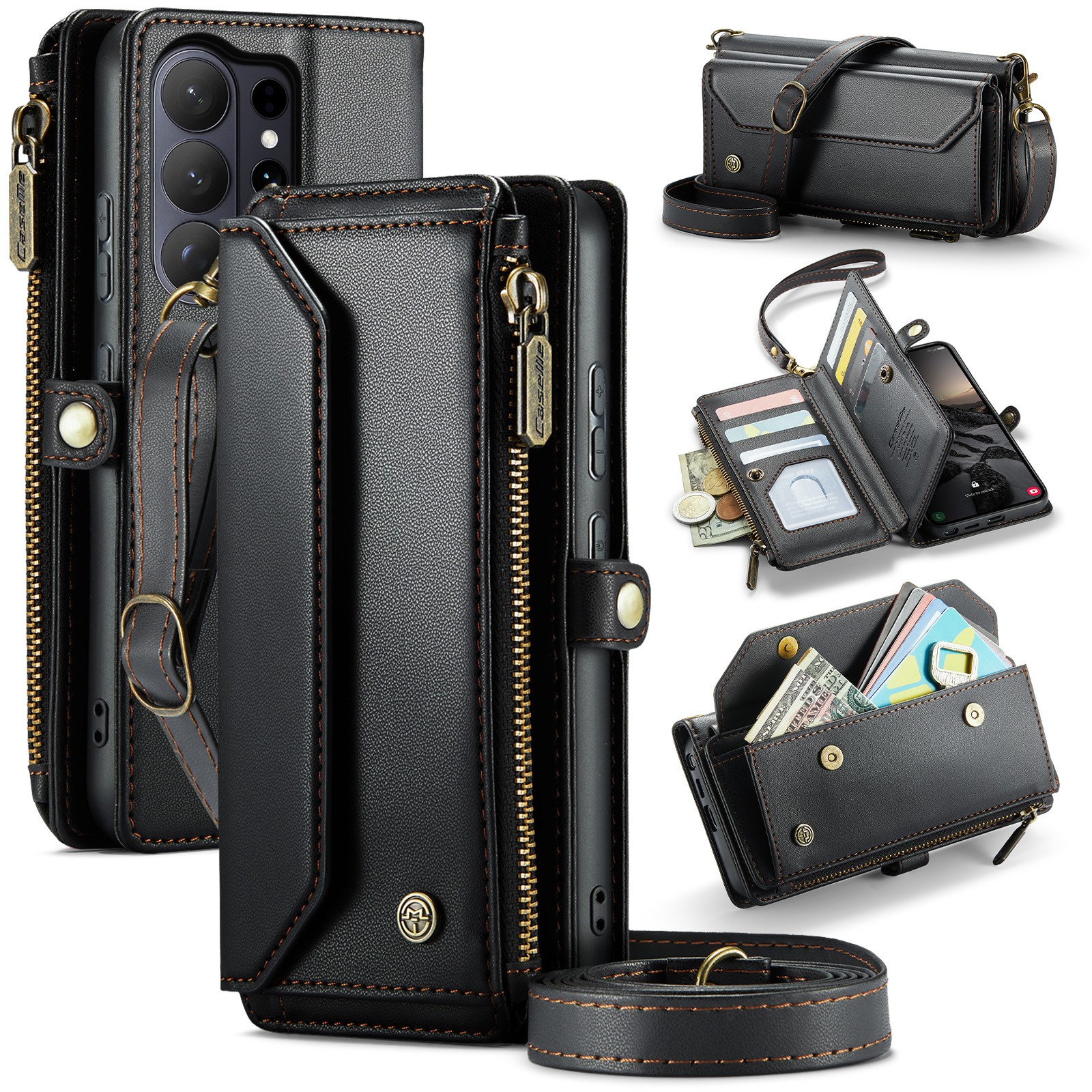 For Samsung Galaxy S26 Ultra S25 S24 S23 Leather Crossbody Zipper Wallet Case