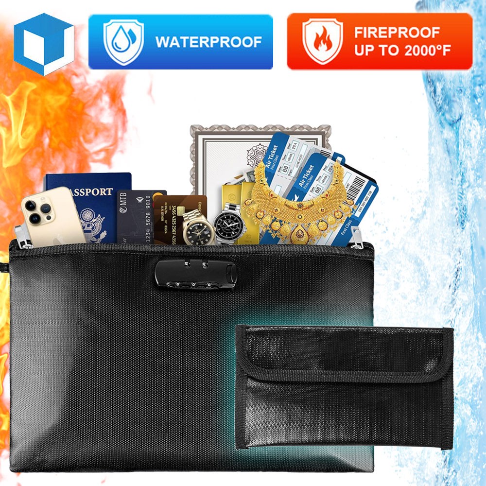 Fireproof Document Bag with Lock Waterproof Pouch Storage Safe Money File Cash