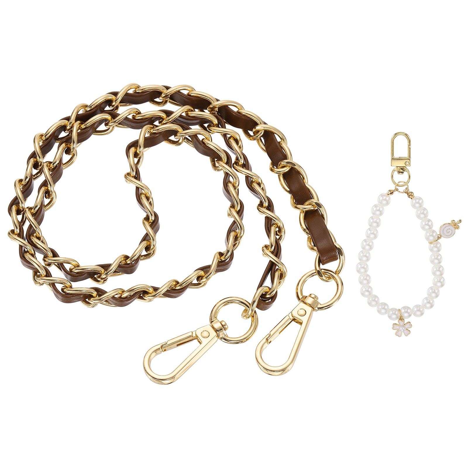 Purse Chain Strap 31.5 Inch PU Leather Chain Strap with Pearl Pendant Dark Brown