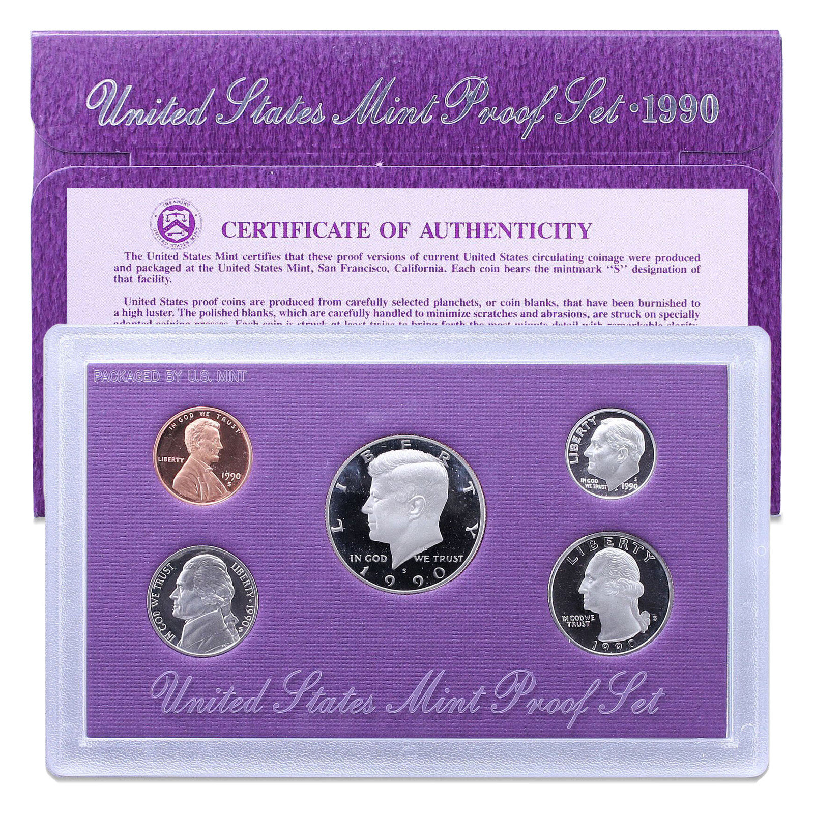 1990 S Proof Set Original Box & COA 5 Coins US Mint