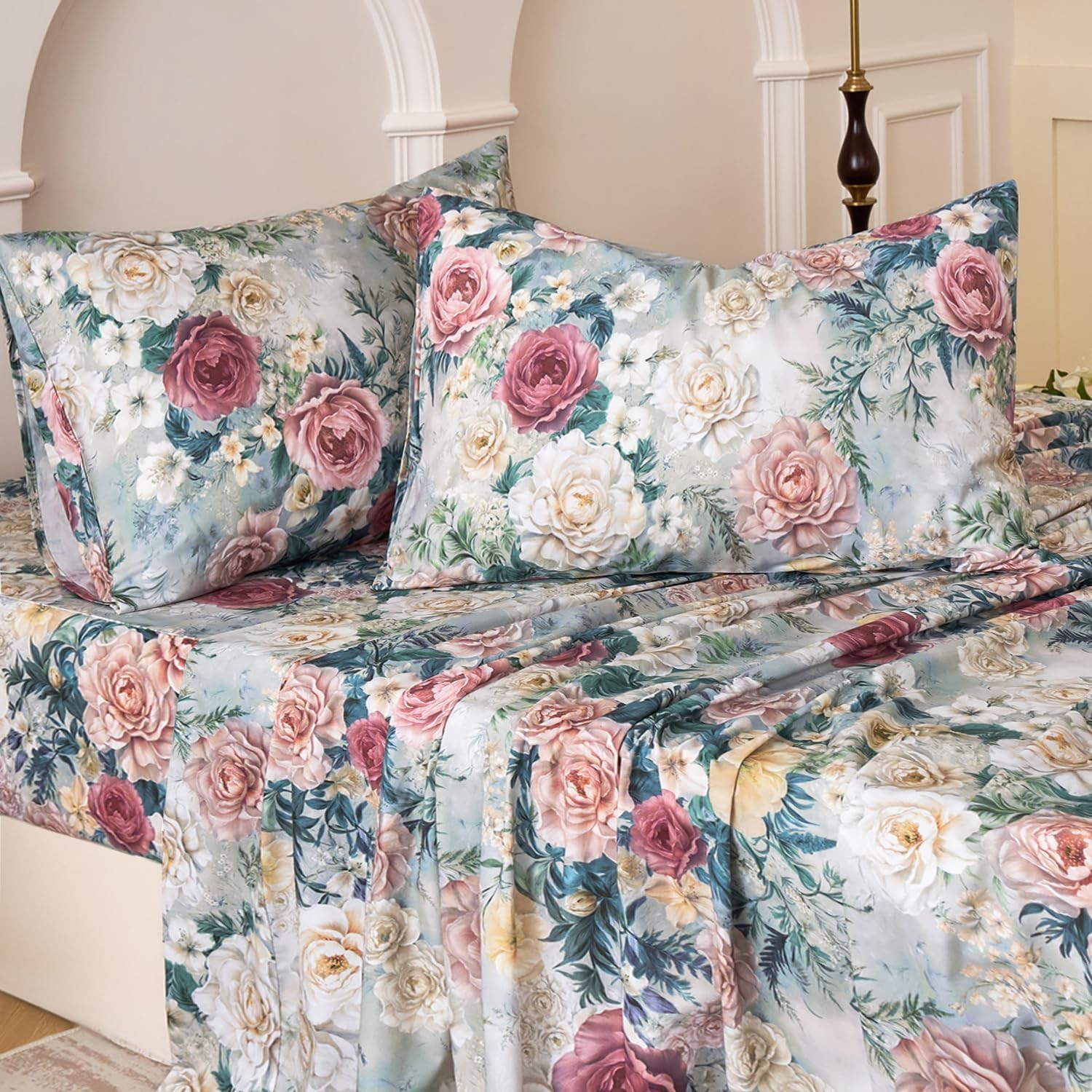 Blue Floral King Size Cotton Bed Sheets Set - Vintage Chic Peony Design