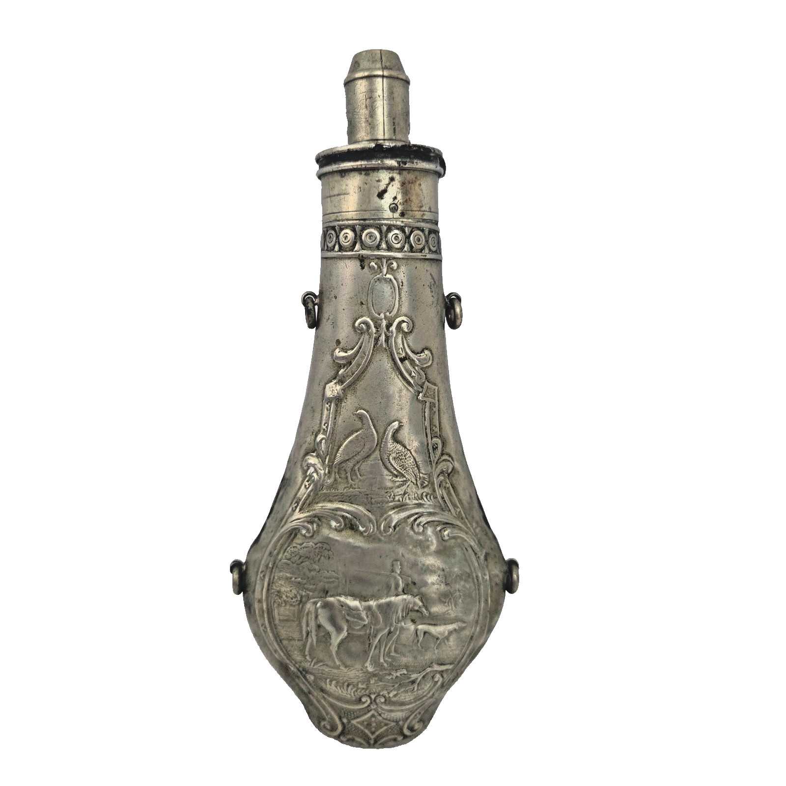 Antique 1800s Hawksley Sheffield Pewter Black Powder Flask Hunt Horse Scene 8"