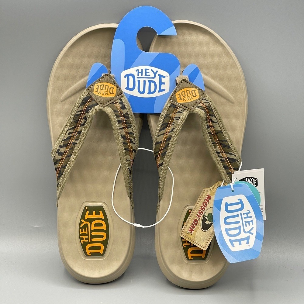 Hey Dude Men's 11 Flip Flops Camo Mossy Oak Brown Sandals Comfort Myers