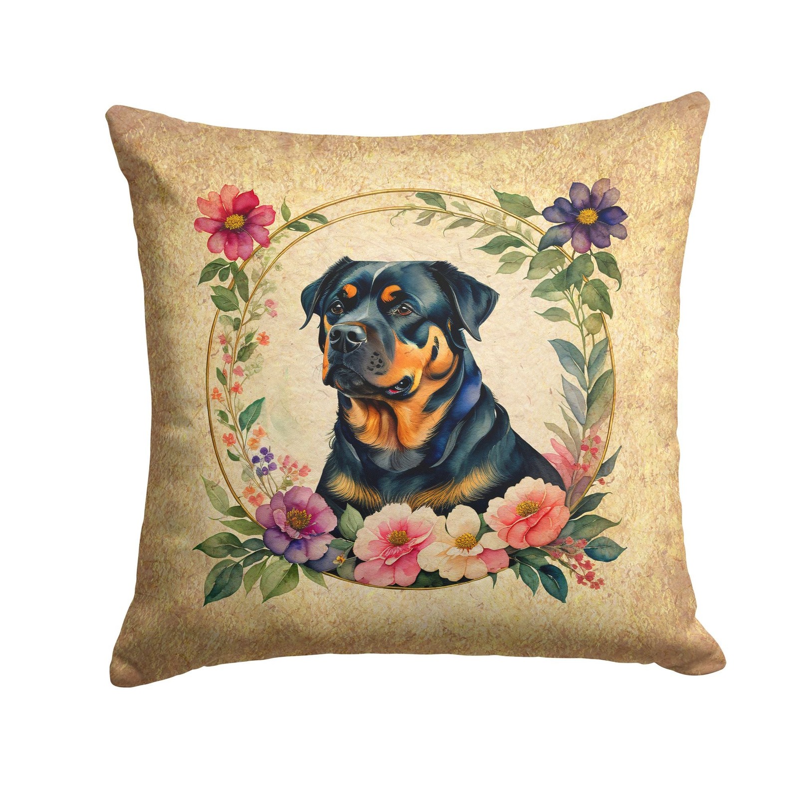 Rottweiler and Flowers Throw Pillow Machine Washable, Indoor Outdoor Decorative