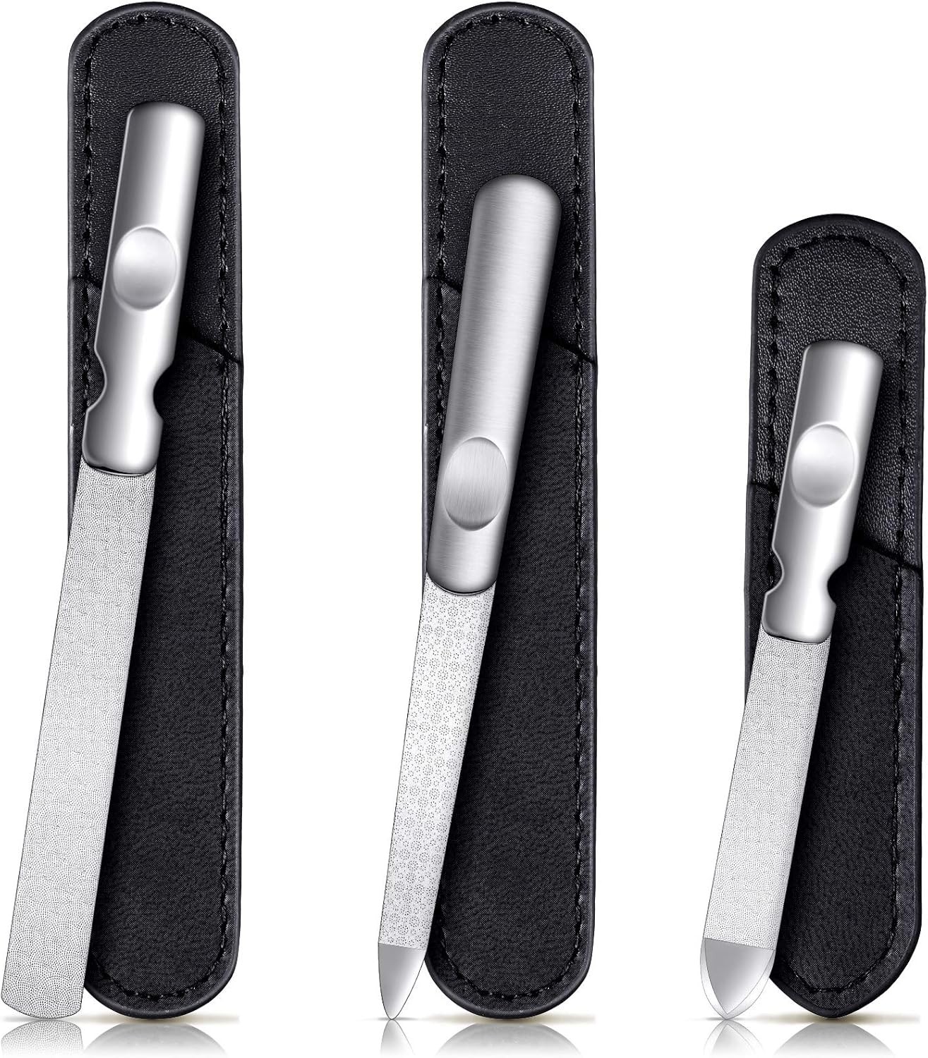 3 Pieces Stainless Steel Metal Nail File with Leather Case Heavy Duty Double Sid