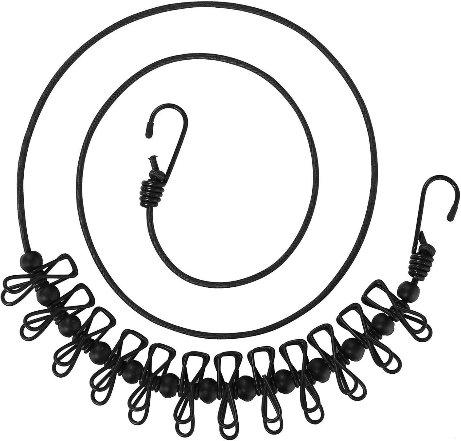 11 Feet Black Windproof Clothesline with 12 Black Clips, Adjustable Clothes Line