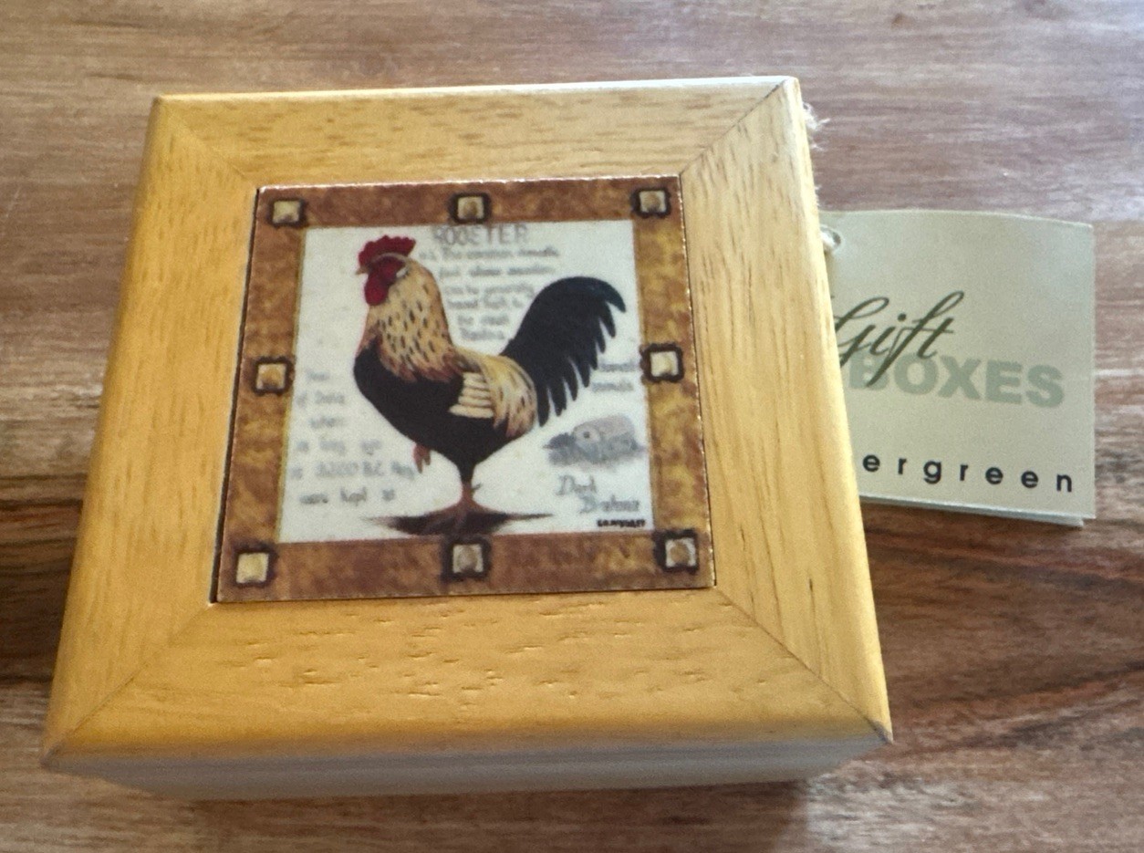Evergreen Lined Wood Trinket Box Tile Rooster Topiary 3 5/8 x 3 5/8 x 2" NEW