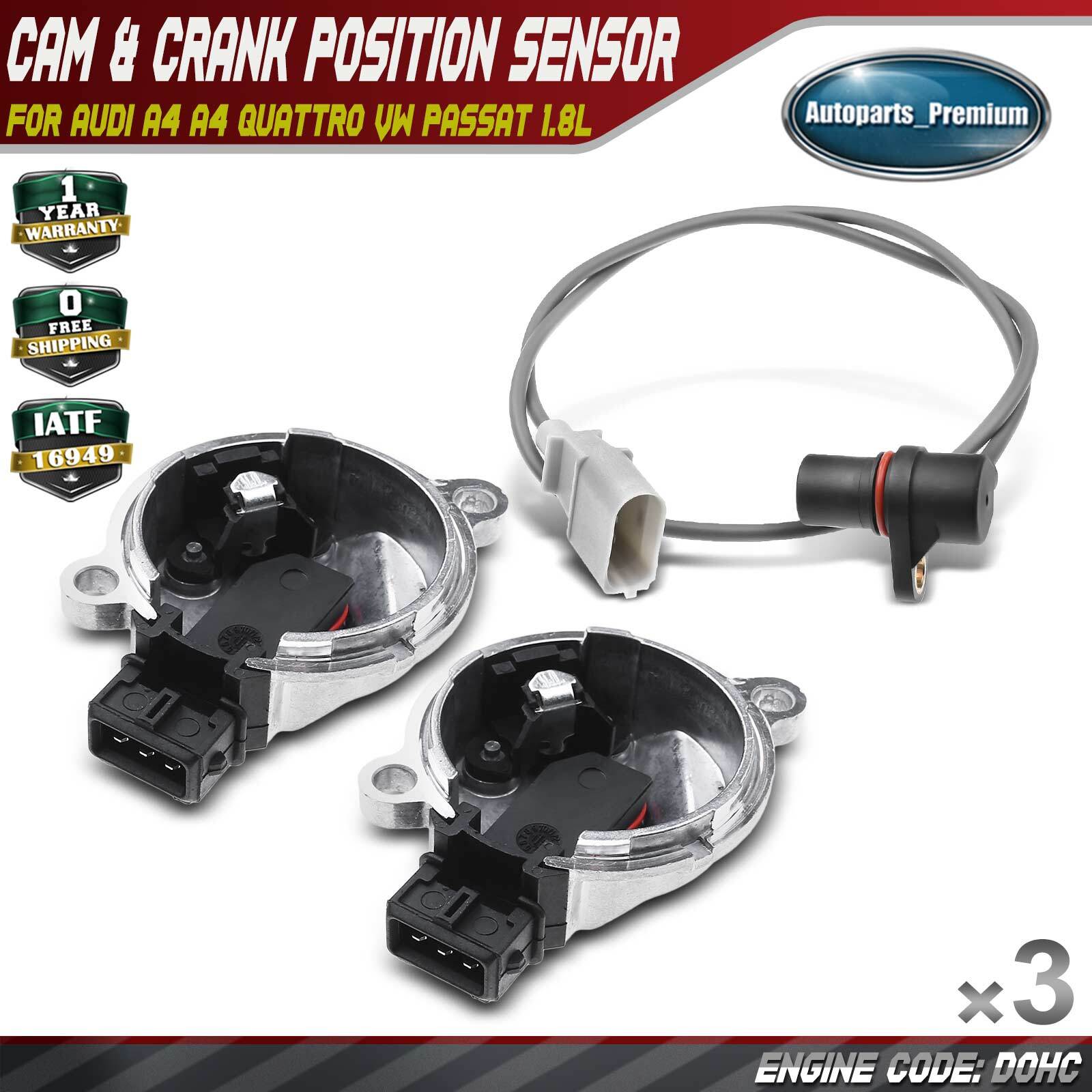 3Pcs Camshaft & Crankshaft Position Sensor for Audi A4 A4 Quattro VW Passat 1.8L