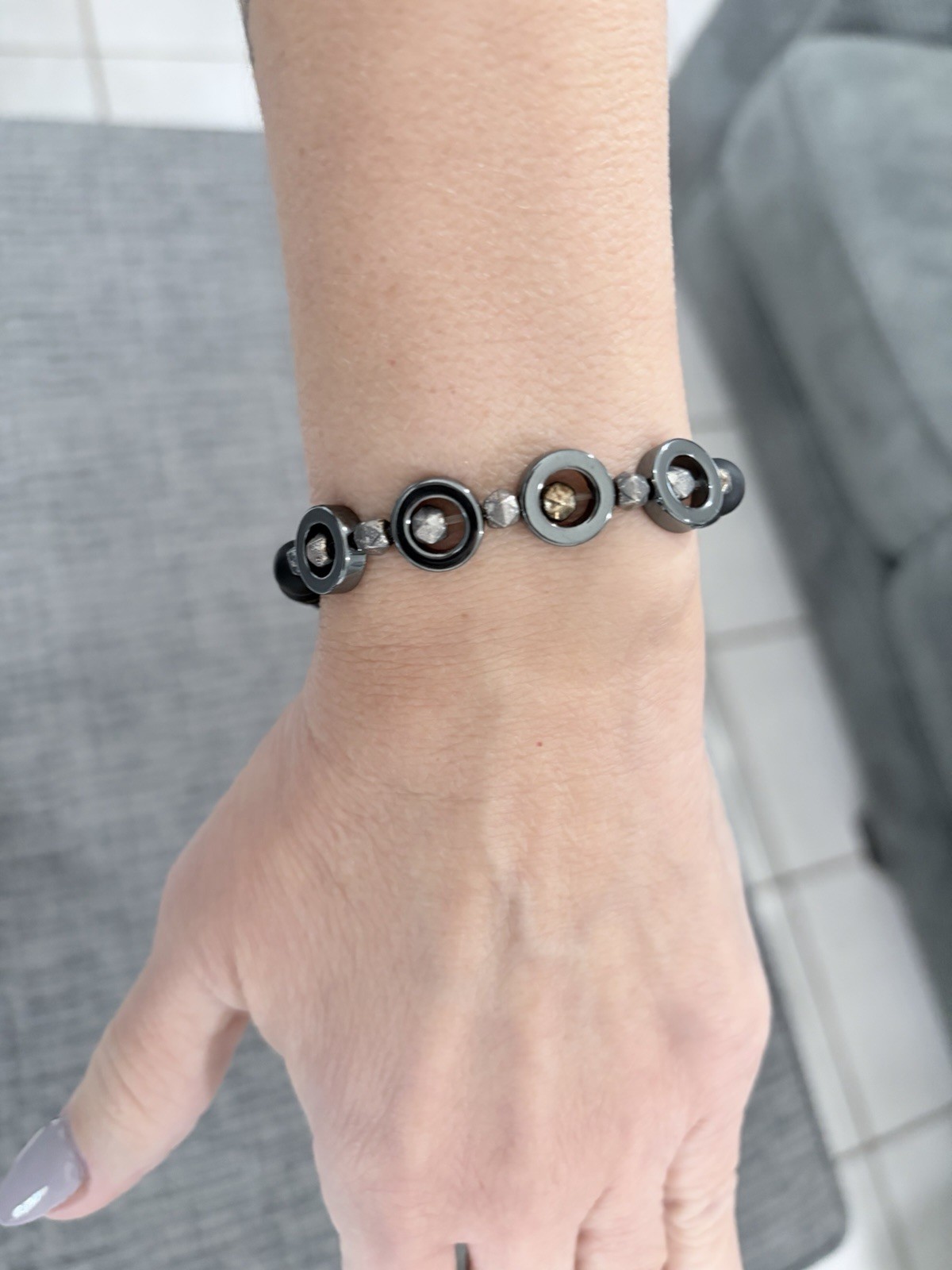 Beaded Bracelet Black and Gray Round Stretch