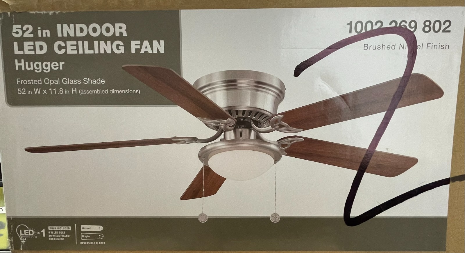 Hugger 52" Indoor LED Ceiling Fan Frosted Opal Glass Shade 1002269802 FOR PARTS