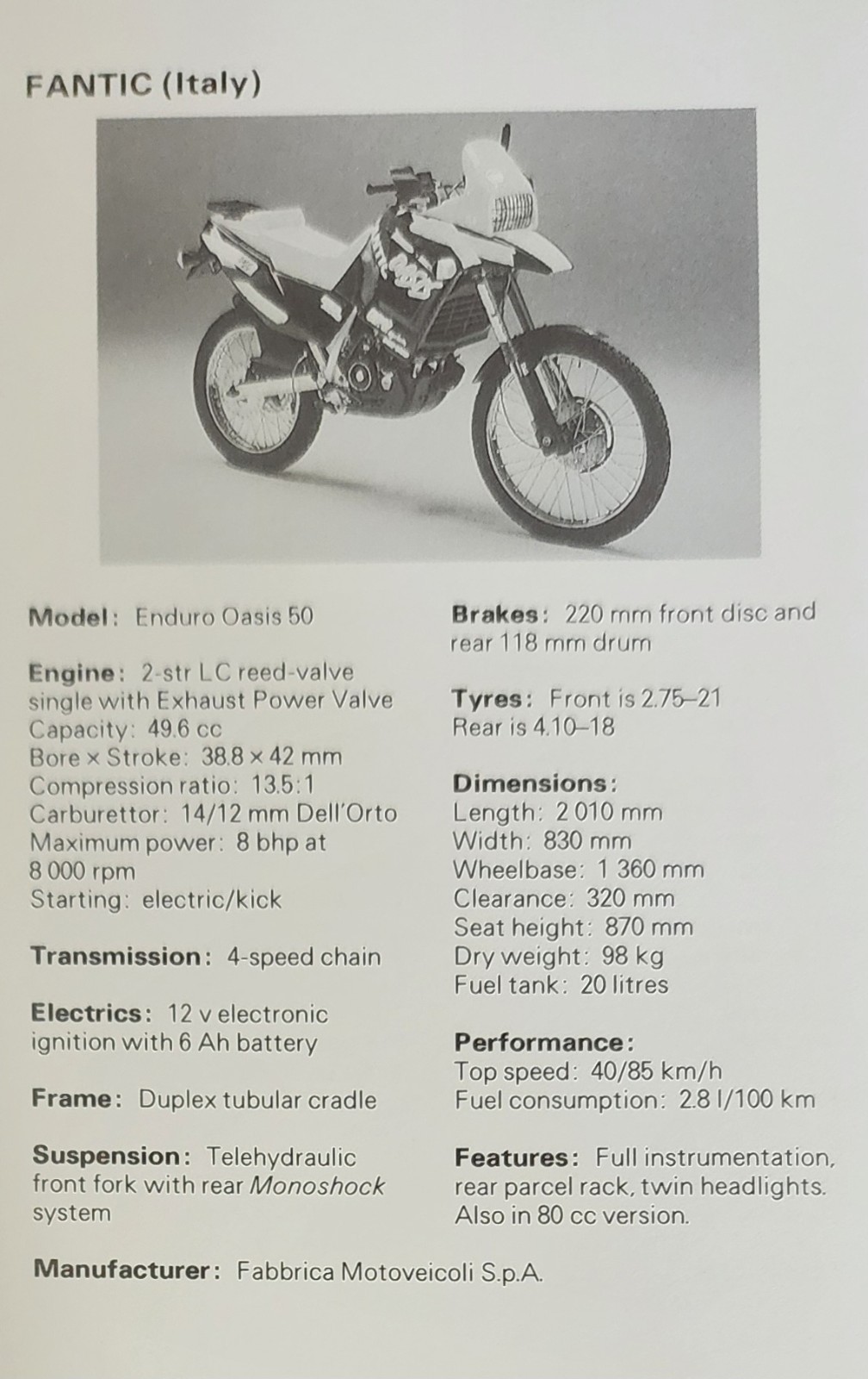 Fantic Motorcycle Picture Original Vtg Bike Info Sheet