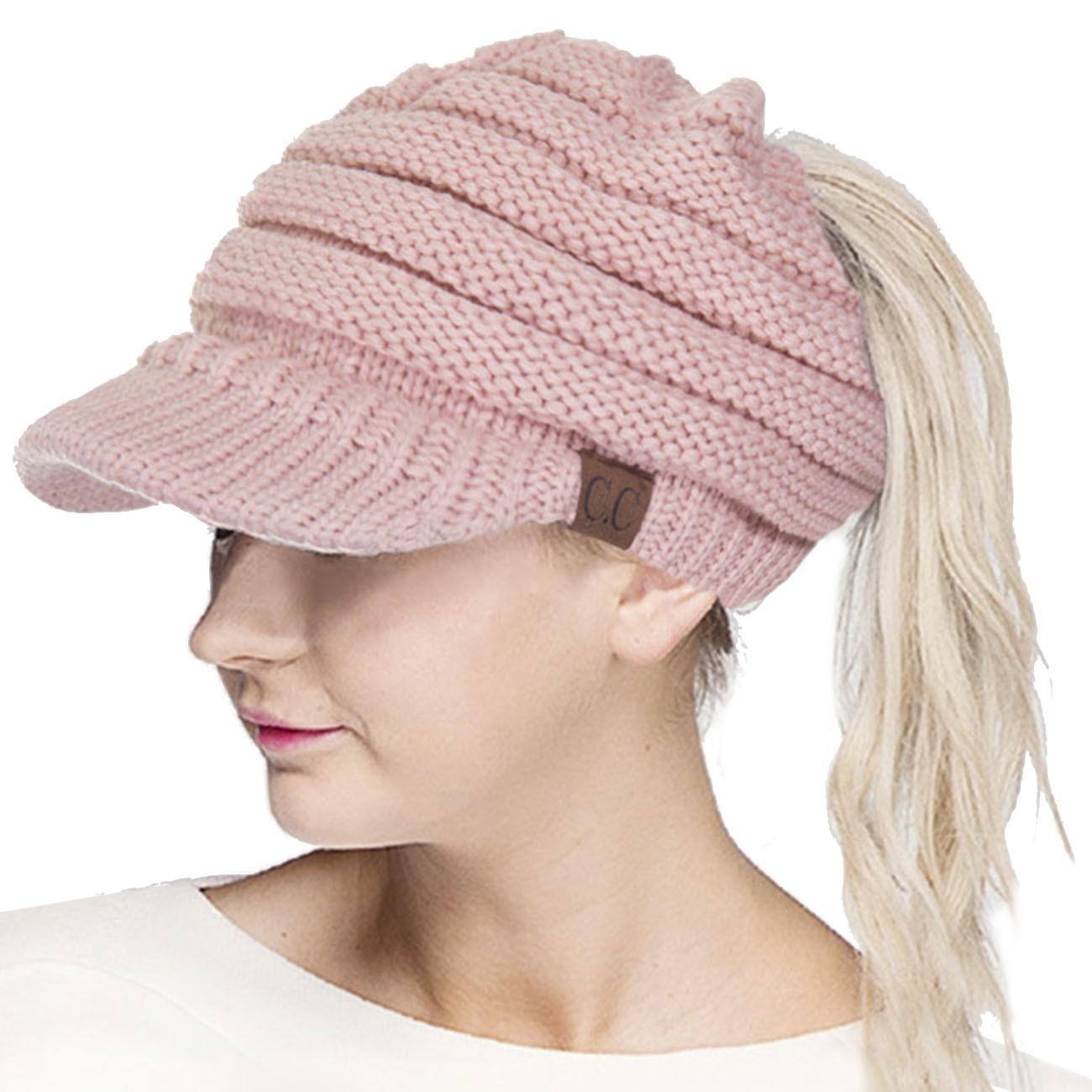 C.C Women Brim Ponytail Messy Bun Solid Ribbed Knit Beanie Hat Sun Cap