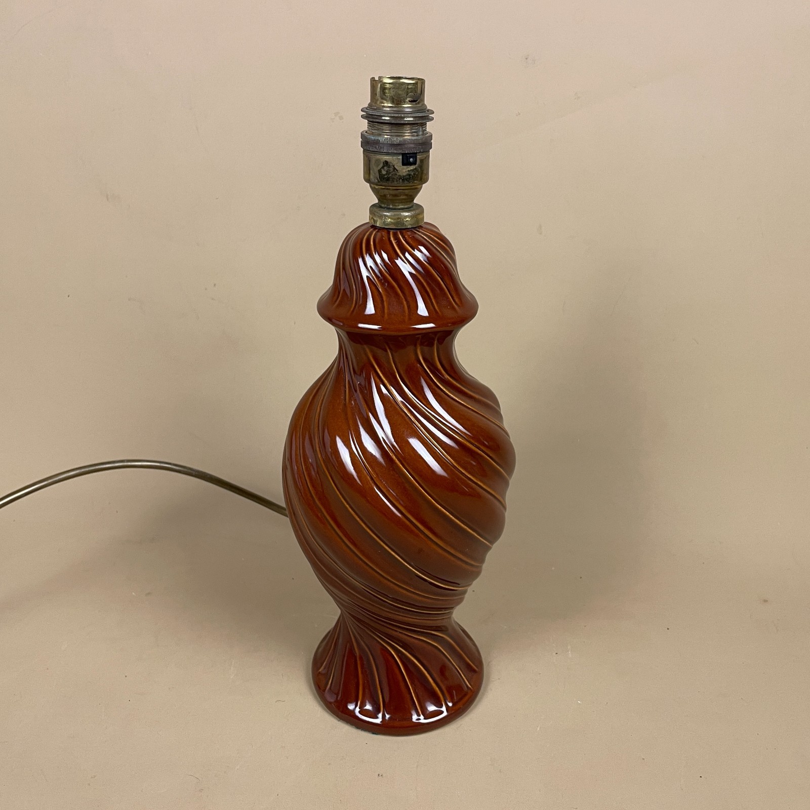 Vintage Ceramic Table Lamp Light Brown Twisted Swirl Design Round Baluster Shape