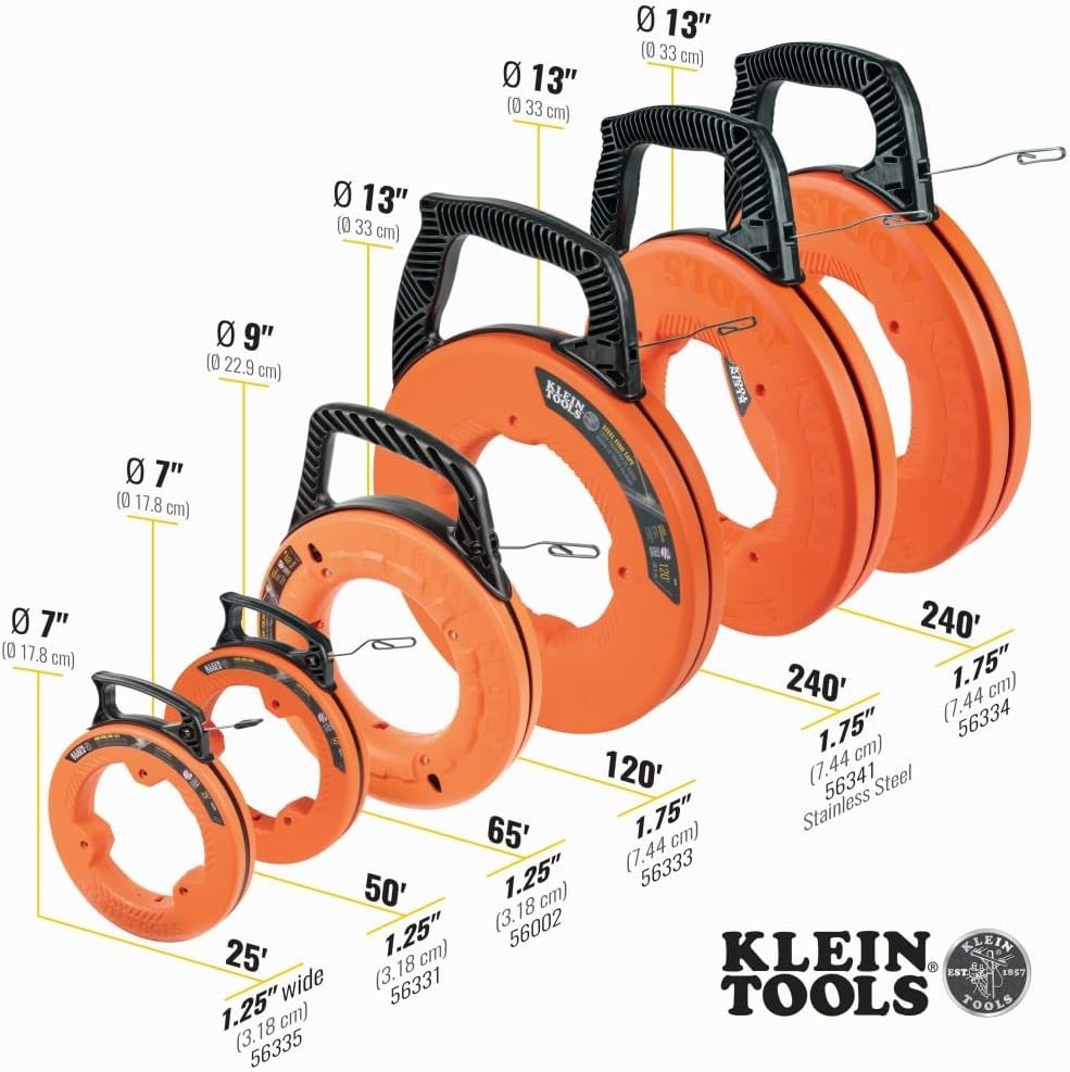 56331 50-Foot Electrical Fish Tape, Steel Wire Puller with Double Loop Tip, O...