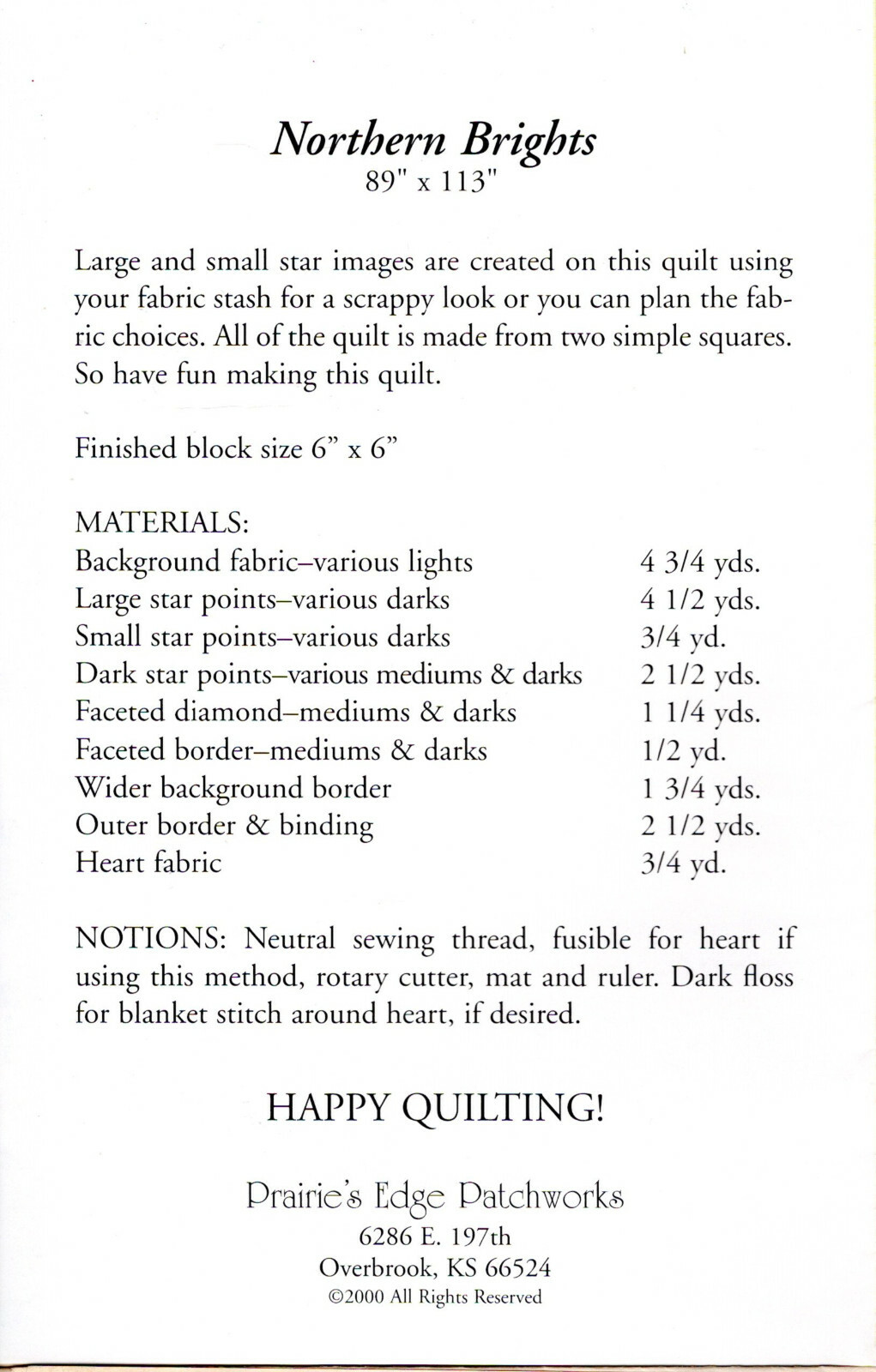 "Northern Brights" ©2000 Prairie's Edge Patchworks Quilt Pattern/Inst Pack 00621