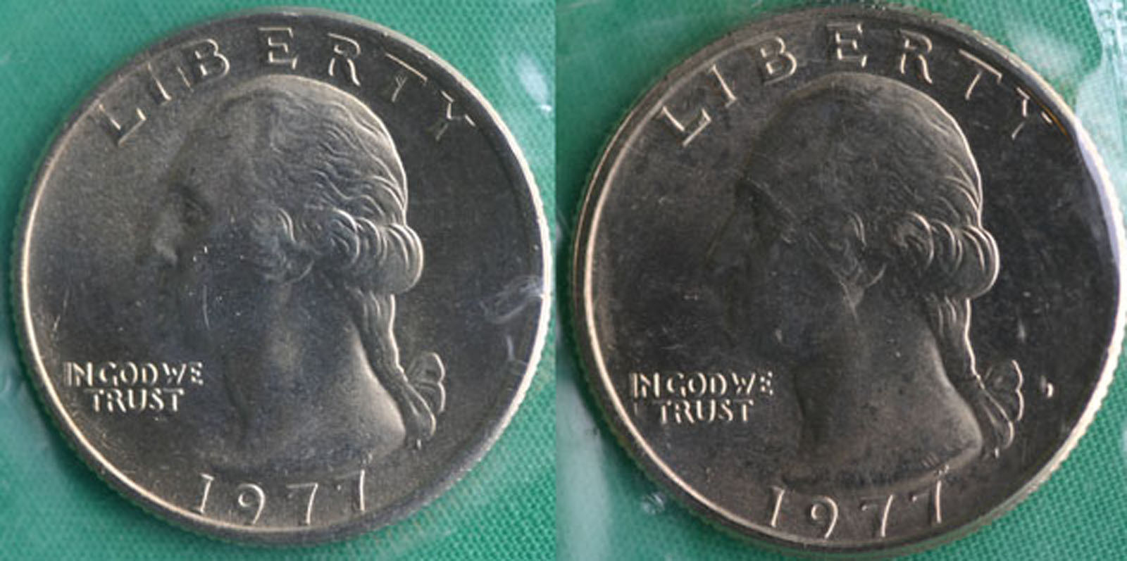 1977 P and D Washington Quarter TWO Coins from US Mint Uncirculated Set BU Cello