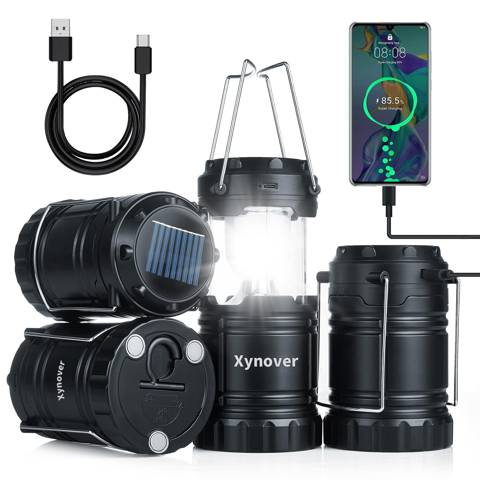 Xynover 4Pack Solar Camping Lanterns,Rechargeable LED with USB/Solar/AA Batte...