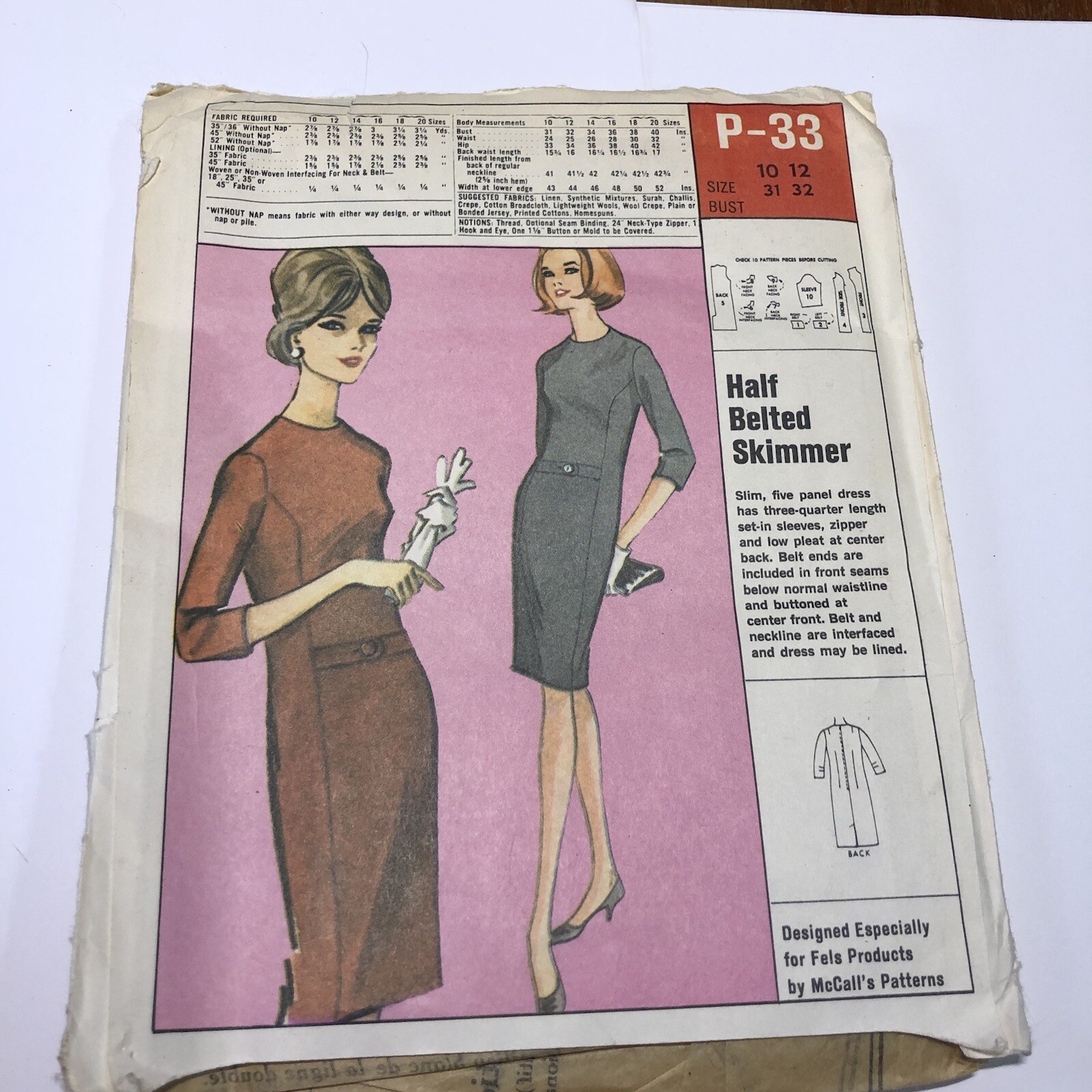 Fels Products McCall's P-33 Size 10 12 Misses' Half Belted Skimmer Dress 1966