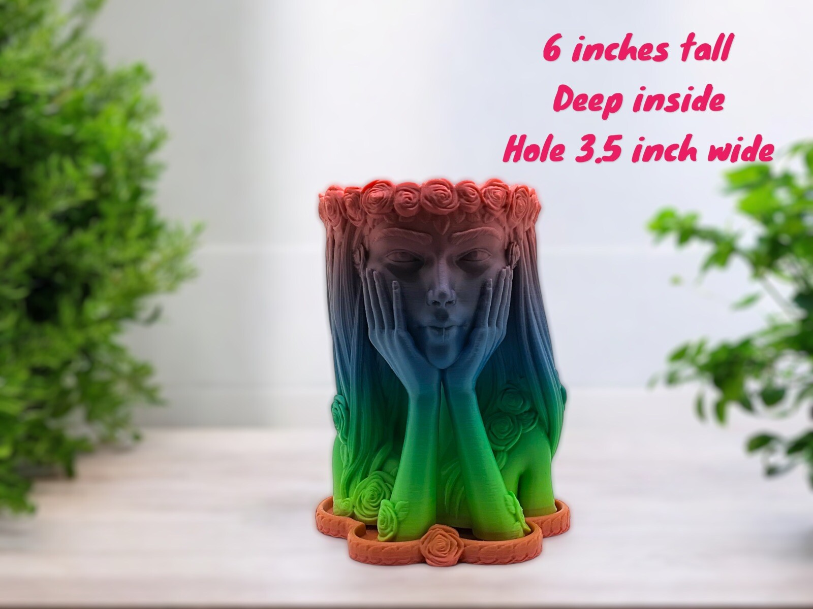 3D Printed Flora girl planter With Drain Pan Matte Rainbow 6 Inches Tall