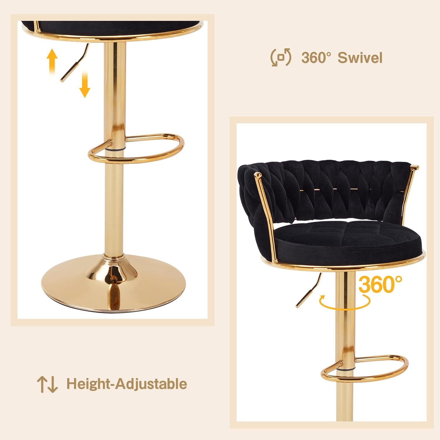 VECELO Bar Stools Set of 2, Adjustable Barstools Counter Height Stools with Back