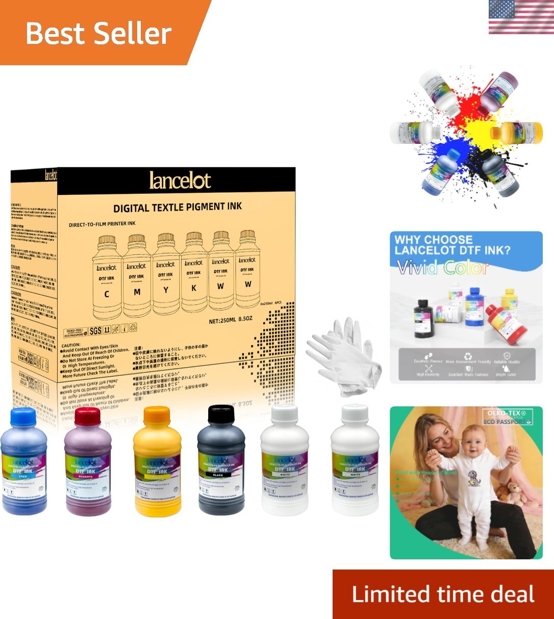 250ml×6 CMYK+2W - Vibrant Durable Anti-Clog PET Film Transfer Ink, Compatible...