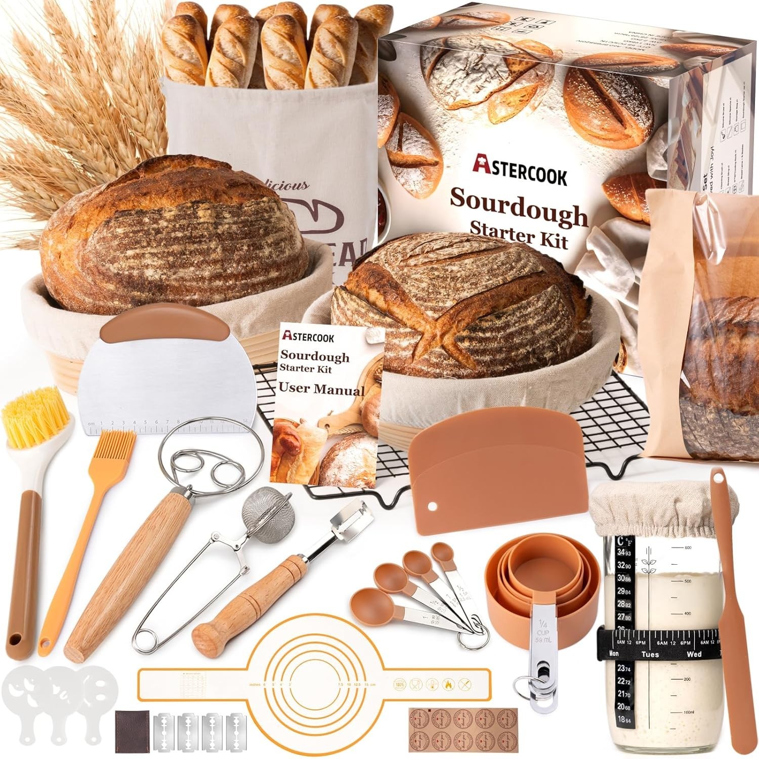Sourdough Baking Kit with Banneton Baskets, Tools, and Stencils for Beginners