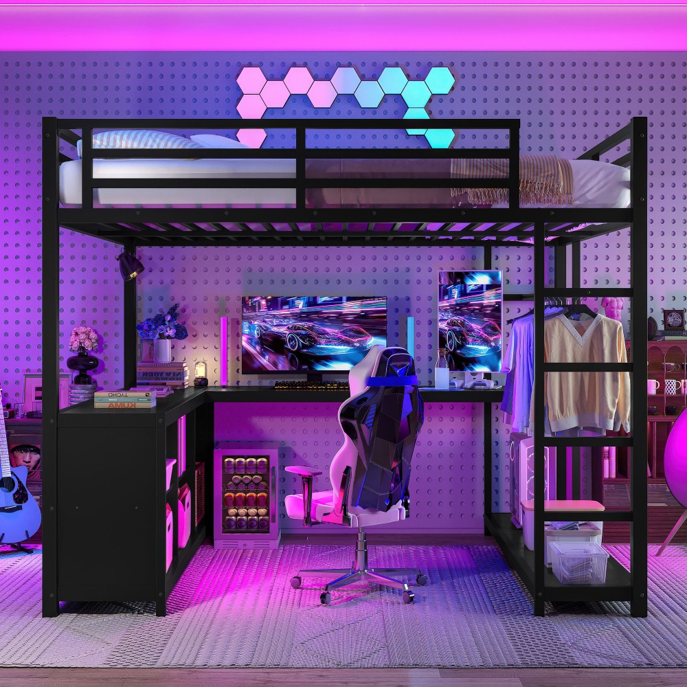 Queen  Size Metal Loft Bed w/Wardrobe & L-Desk - Storage Cubes - Kids/Adult