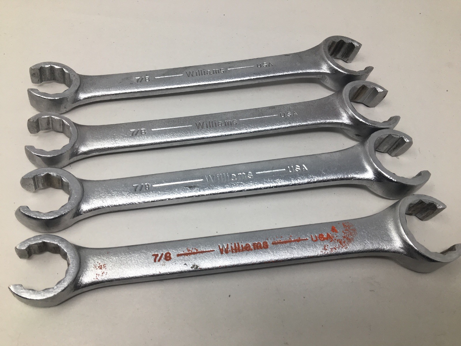 Lot Of (4) Williams 12 Point Flare Nut Open End Wrenches XFN-2836, 1 1/8 and 7/8
