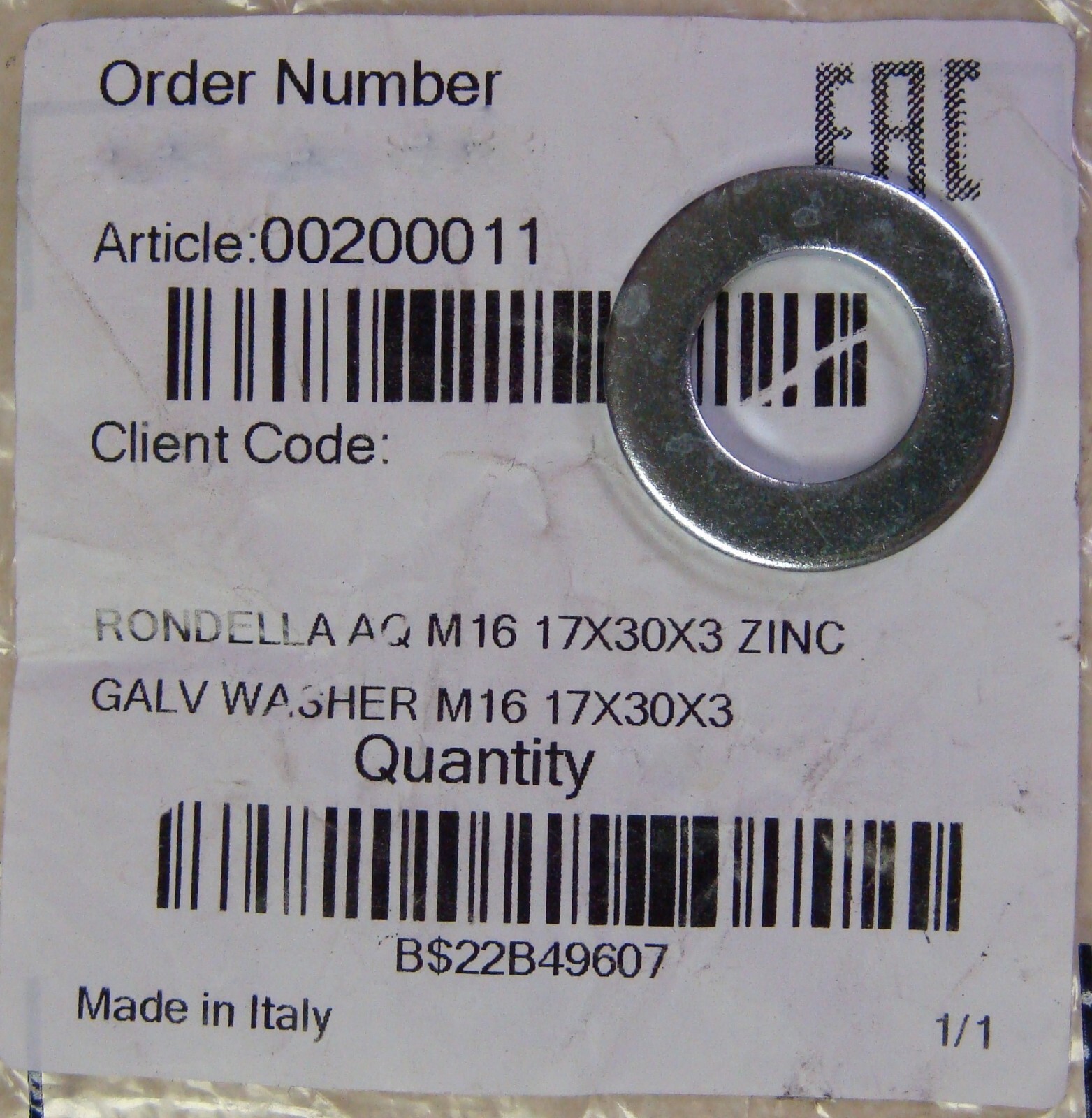 New Genuine Simonelli Galvanized Zinc Washer M16 17x30x3 00200011 200011