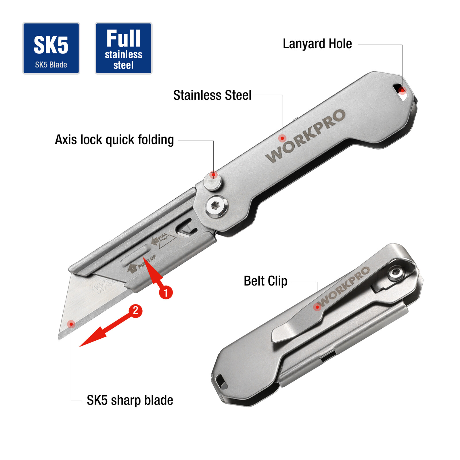 WORKPRO EDC Folding Utility Knife Box Cutter Mini Quick Change Blade Razor Knife