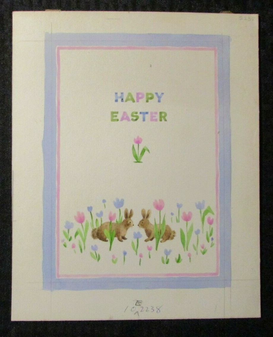 EASTER 2 Happy Bunny Rabbits & Flowers 8x10" Greeting Card Art #2238